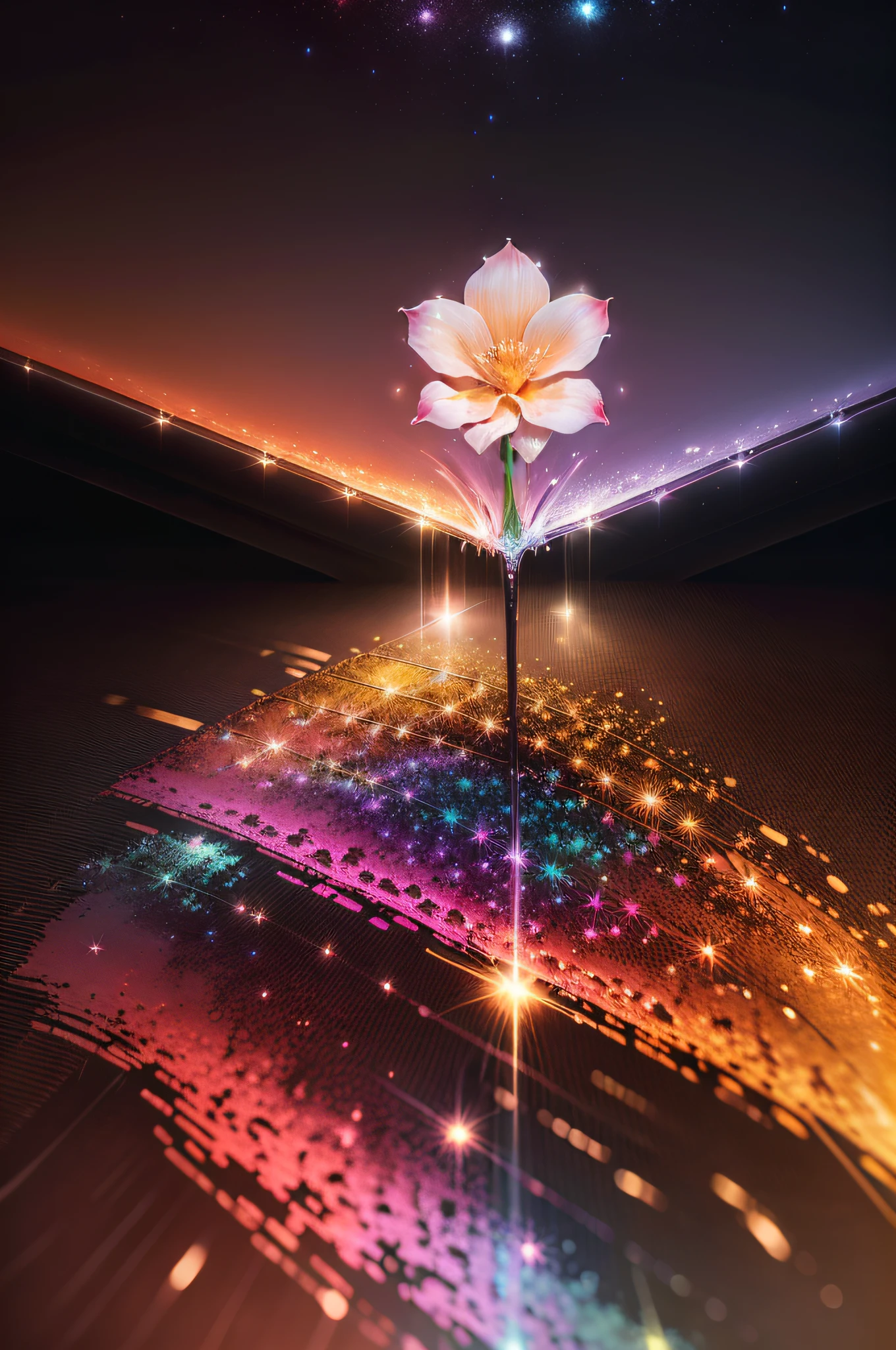 flor de cristal, fantasia, galaxy, transparente, cintilante, cintilante, shining, colorido, magic photography, lighting dramatic, Foto realism, ultra-detalhado, 4k, profundidade de campo, alta resolução