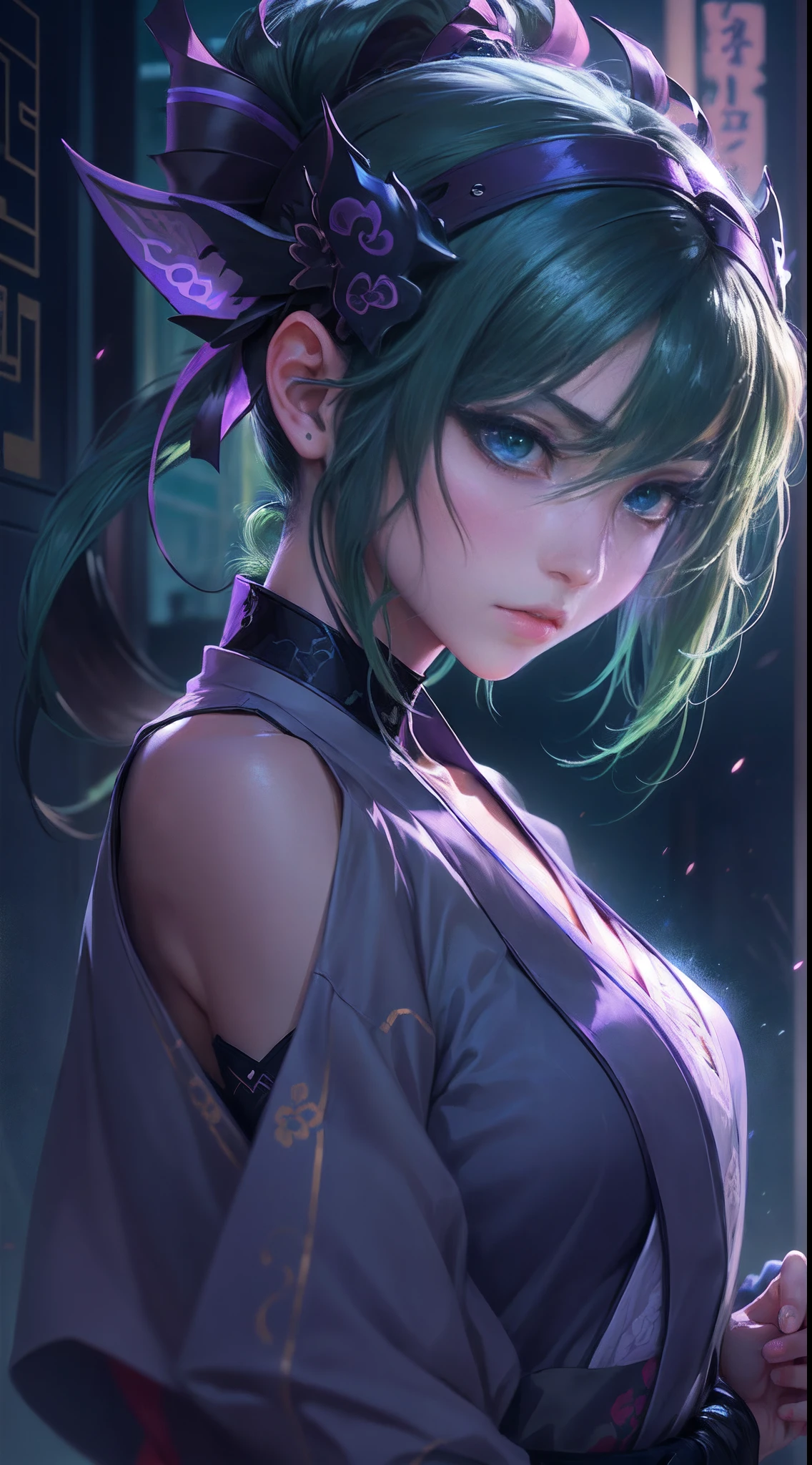 (a beautiful assassin girl), walk toward from the fog, (takes of her mask of hannya), and holds a short Japanese dagger, short ponytail, (green hair),(gradient eye colors), ((bright and clear eye)), (detail face), purple and green eyes, (nocturnal clothes without sleeves), black short nocturnal skirt, the dagger reflecting the lighting, Japanese shrine in the fog, rapid lighting around, ((purple and dark blue lighting)), (anime style), (((cinematic lighting))), ((ray tracing)), ((reflection light)), first-person view, atmospheric perspective, masterpiece, accurate, ((best quality)), high quality, super detail, high details, anatomically correct, highRes, UHD