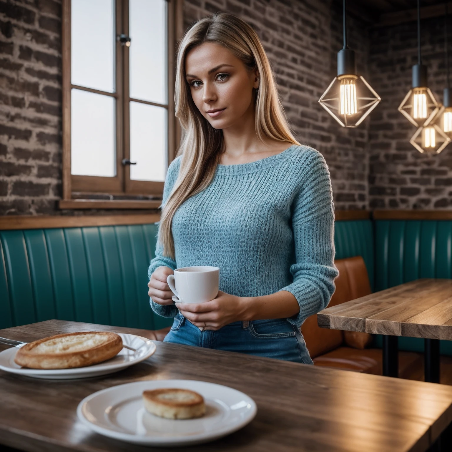 Full body image of a beautiful blonde woman, who sits in the café and has breakfast, detaillierte attraktive Augen, Exquisite Details, Scharfer Fokus, Aufwendig detailliert, Geringer Kontrast, high sharpness, Gesichtssymmetrie, Depth of field, Unreal-Engine-Rendering, Zentrales Bild, traumhaft, Sanft beleuchtet, intim, (fein detaillierte Haut), blasse Haut, Realistische Hautstruktur, Extreme Hautdetails, (poren: 0.1), fotorealistisch, hyperrealistisch, Detailliert, 8K, HDR, (Weiche Farbe: 1.2), light depth of field, Breites Licht, Hoher Kontrast, Hintergrundbeleuchtung, Licht-Flares, chromatische Aberration, Scharfer Fokus, RAW-Farbfoto, Tiefer Ausschnitt, Kurze Kleidung