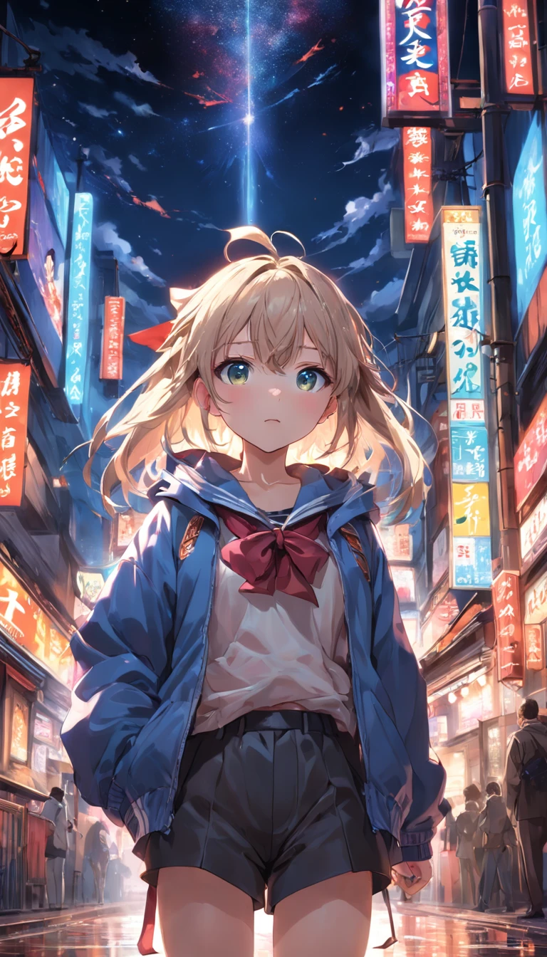 1girl,jaket,Sateen,exteriors,hoody,Open jacket,chain,backpacks,Look at the other person,messy hair,Trends on Artstation,8k解像度,The is very detailed,anatomically correcte,Sharp Images,digitial painting,concept-art,Trends on pixiv,Estilo de Makoto Shinkai,Lovingly