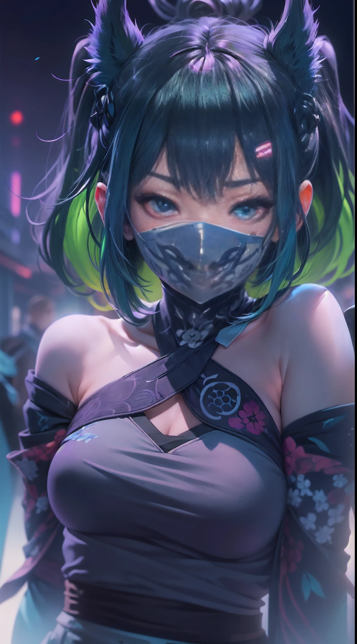 (a beautiful assassin girl), walk toward from the fog, (takes of her mask of hannya), short ponytail, (green hair),(gradient eye colors), ((bright and clear eye)), (detail face), purple and green eyes, (nocturnal clothes without sleeves), black short nocturnal skirt, Japanese shrine in the fog, rapid lighting around, ((purple and dark blue lighting)), (anime style), (((cinematic lighting))), ((ray tracing)), ((reflection light)), first-person view, atmospheric perspective, masterpiece, accurate, ((best quality)), high quality, super detail, high details, anatomically correct, highRes, UHD