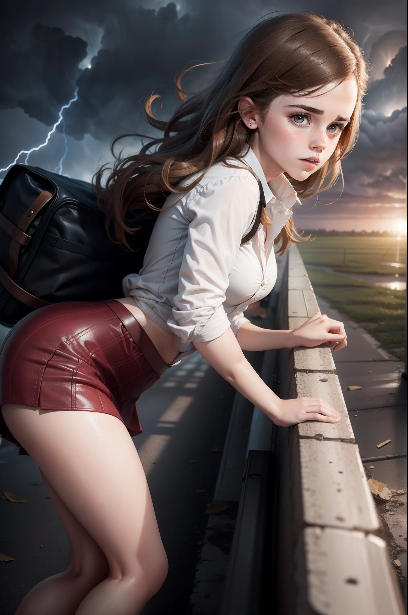 emma watson as a reporter witnessing a tornado. Tight skirt.