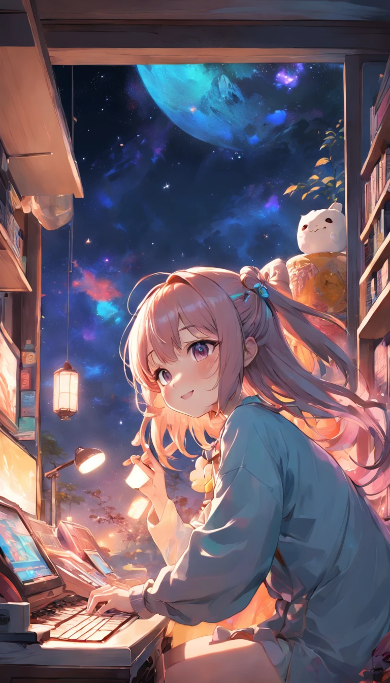 girl with、kawaii、Colorful Asanhttps://twitter.com/mumu_mumu09、Smiling、looks sleepy、in a house、early morning、Before playing Micra、Computer in one hand、