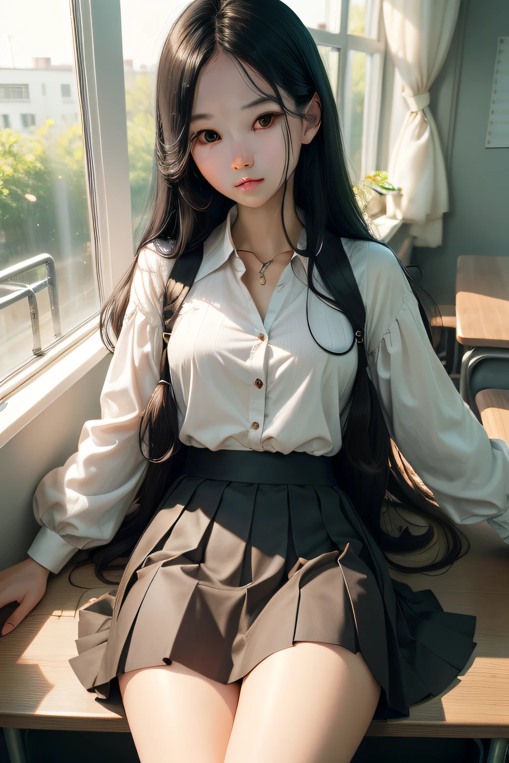 femele、Long black hair slightly curled、frontage、Melon seed face、with fair skin、white shirt、The upper two buttons are undone、Striped hip-wrapped pleated skirt、blacksilk、Be in the classroom、Reclining desk、Side windows、Warm evening sunshine