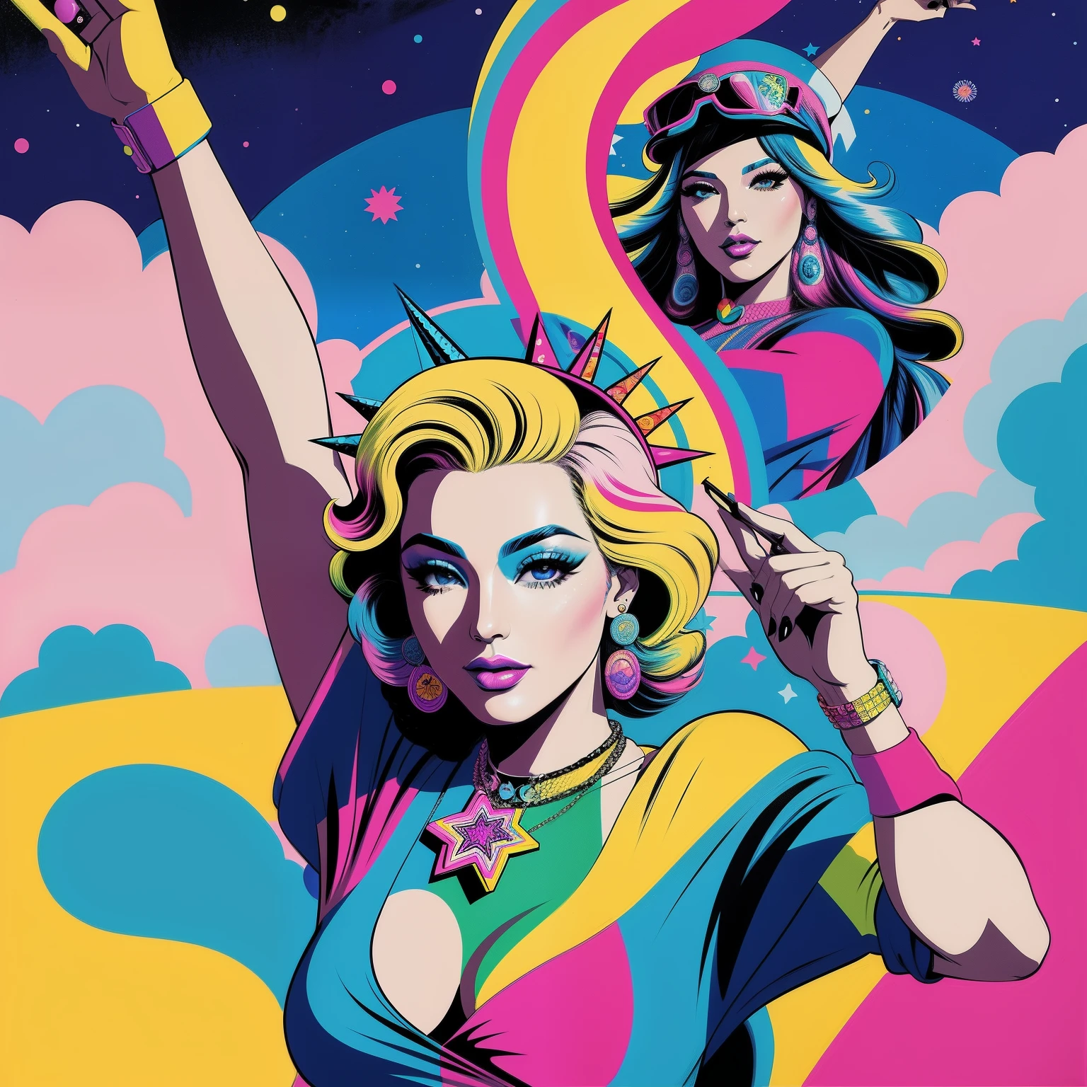 Peace sign, jen bartel, inspired by Victor Moscoso, lisa frank & sho murase, in style of pop - art, by Victor Moscoso, fantasy pop art, by Dave Arredondo, by Mario Bardi, a pop art painting, pop art masterpiece, martin ansin, pop art painting