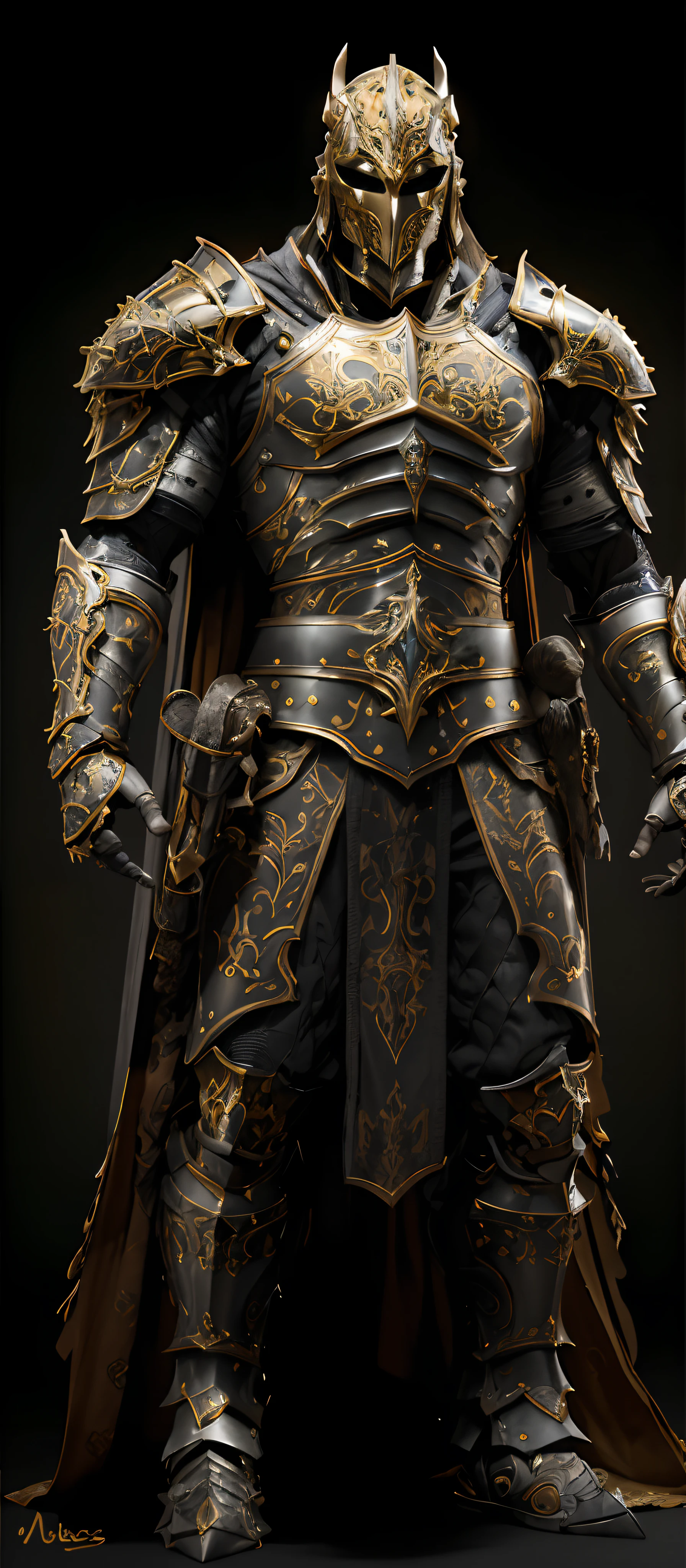 A close-up of the armor of a dignified royal knight,Meticulous mirror details on the armor,ornate armour,Detailed armor,Intricate armor details,Black and gold two-tone armor,Fantasy armor,Epic Paladin armor,highly detailed armor,Shocking armor,Precision gorgeous armor,world of warcraft armor,heavy fantasy armor,Complex metal armor。