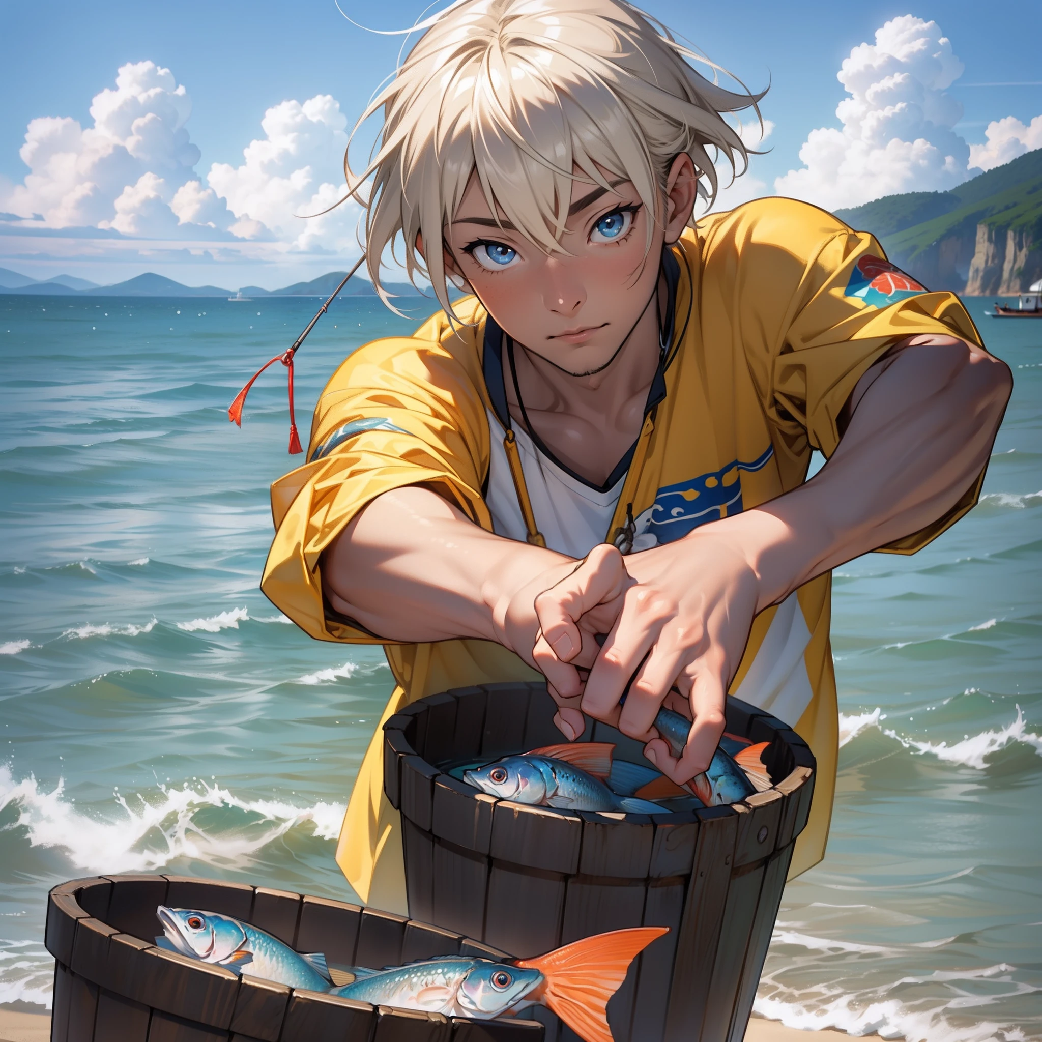 masutepiece, hight resolution, in 8K, 3D Anime Men, Delicate and detailed writing 、Detailed digital illustration、(((fisherman)))、(Seaside fishing)、((独奏))、very short shiny hair、(((2 arms、4 fingers 1 thumb)))、Wearing a salopette、Orlando Bloom、a large amount of fish in a bucket、Very beautiful background of the sea、Double big eyes、Her eyes are blue、Shine like a diamond、(Grab the fish and show it)、upper body、(((Being at the seaside)))