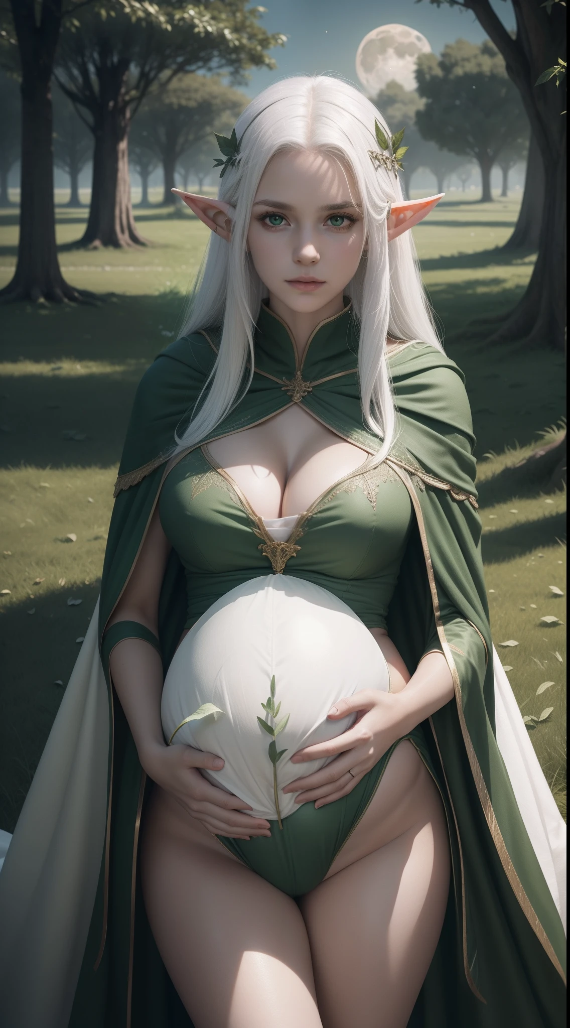 the elf,(White hair),pointy ears,Crucifer-shaped pupil,Leaf underwear,Cloak of leaves,simplebackground,themoon,The breath of life,green color,grassy fields,The Giant Tree of Life,A breath of green life,Gentle and powerful divinity,Wife-like feeling,Poor milk,5 months pregnant,pregnant women with
