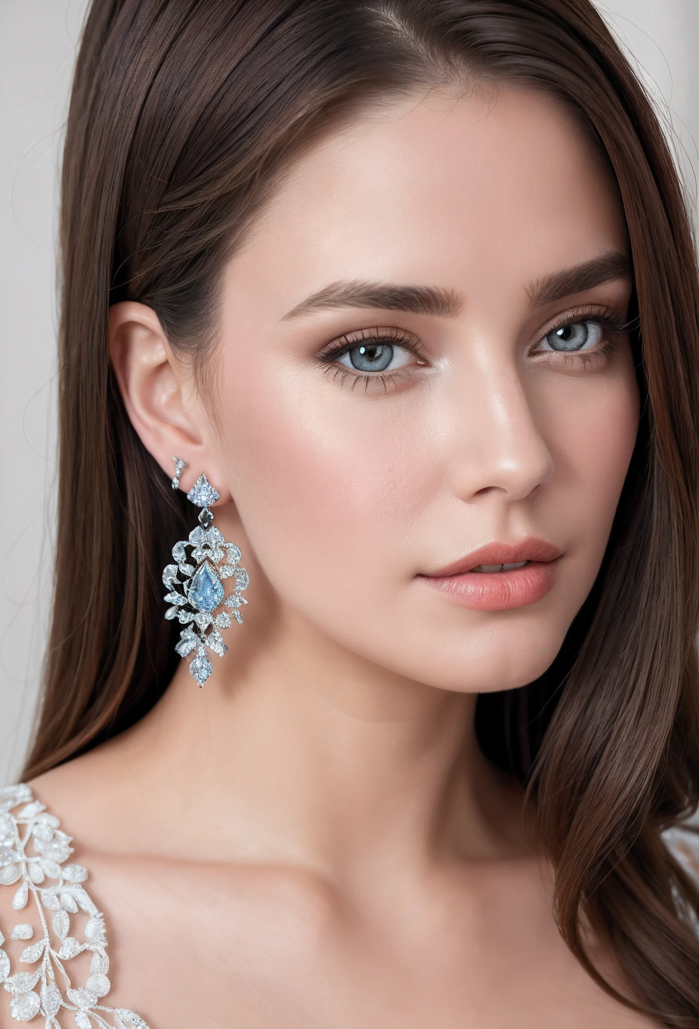 (masterpiece, best quality), intricate details, realistic, photorealistic, a close up of a woman wearing earrings, inspired by Emma Andijewska, draped in crystals, silver color, long earrings, sandra chevier, huge earrings, 2019, blue-eyed, platinum jewellery, earring, flawless structure, silver earring,