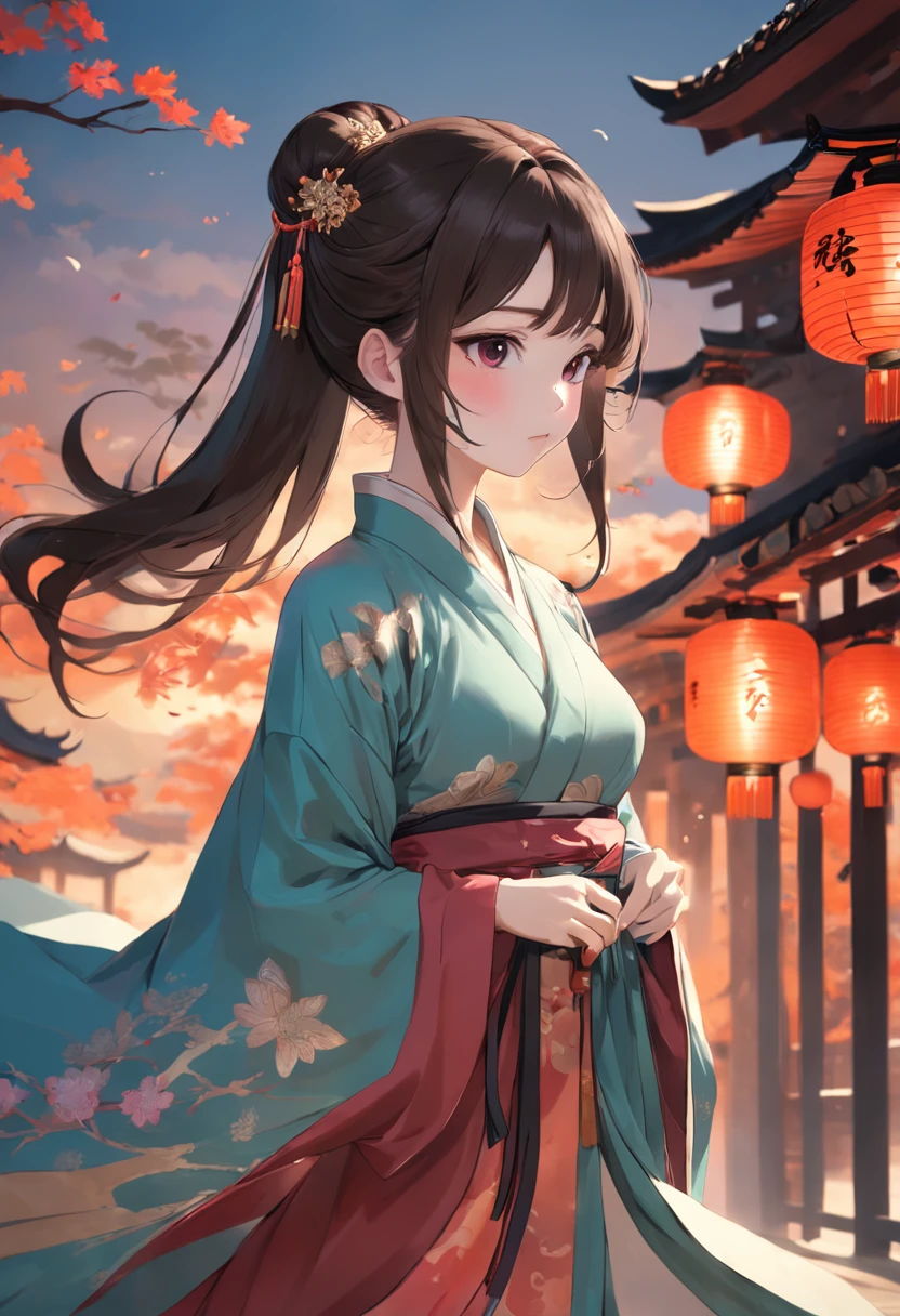 Hanfu woman，brunette color hair，Bigchest，open breast（with thin legs，legs long）