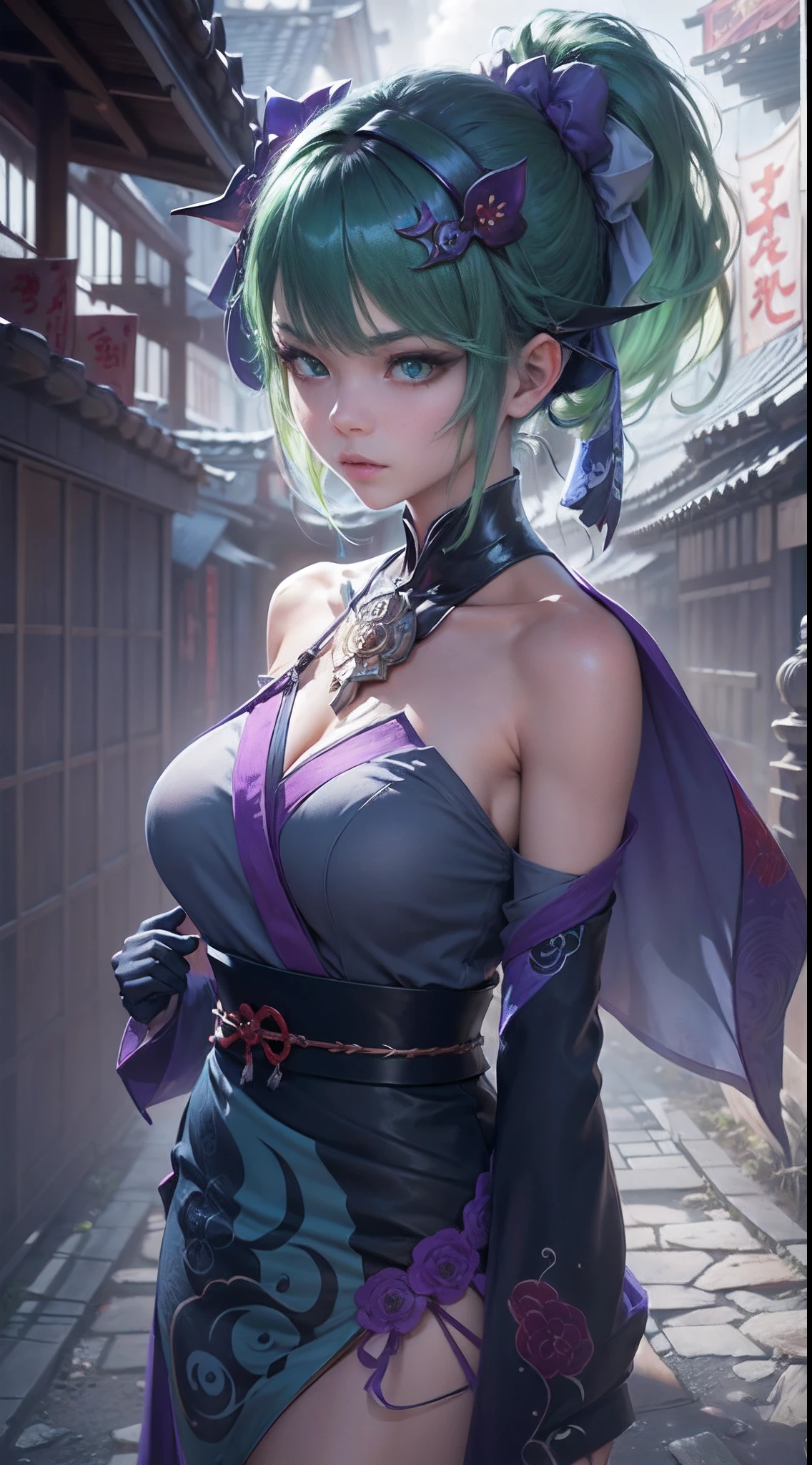 nighttime,long shot,Genshin Impact:Yae Miko,Squatting,(((Wearing vibrant rainbow color scheme art, Suzhou embroidery technology; knitted sweater hole dress))),Masterpiece,best quality,official art,extremely detailed 3DCG unity 8k, ( ##tattoo ##,tattoo, ~+ tattoo), (erfect female curves, huge stacked breast and proud cleavage),(A seductive gaze), Facing the camera, Pink lips,Delicate fingers and hands,magic hour, Rembrandt lighting, front lighting and fill lighting, hard shadow, Arnold render,