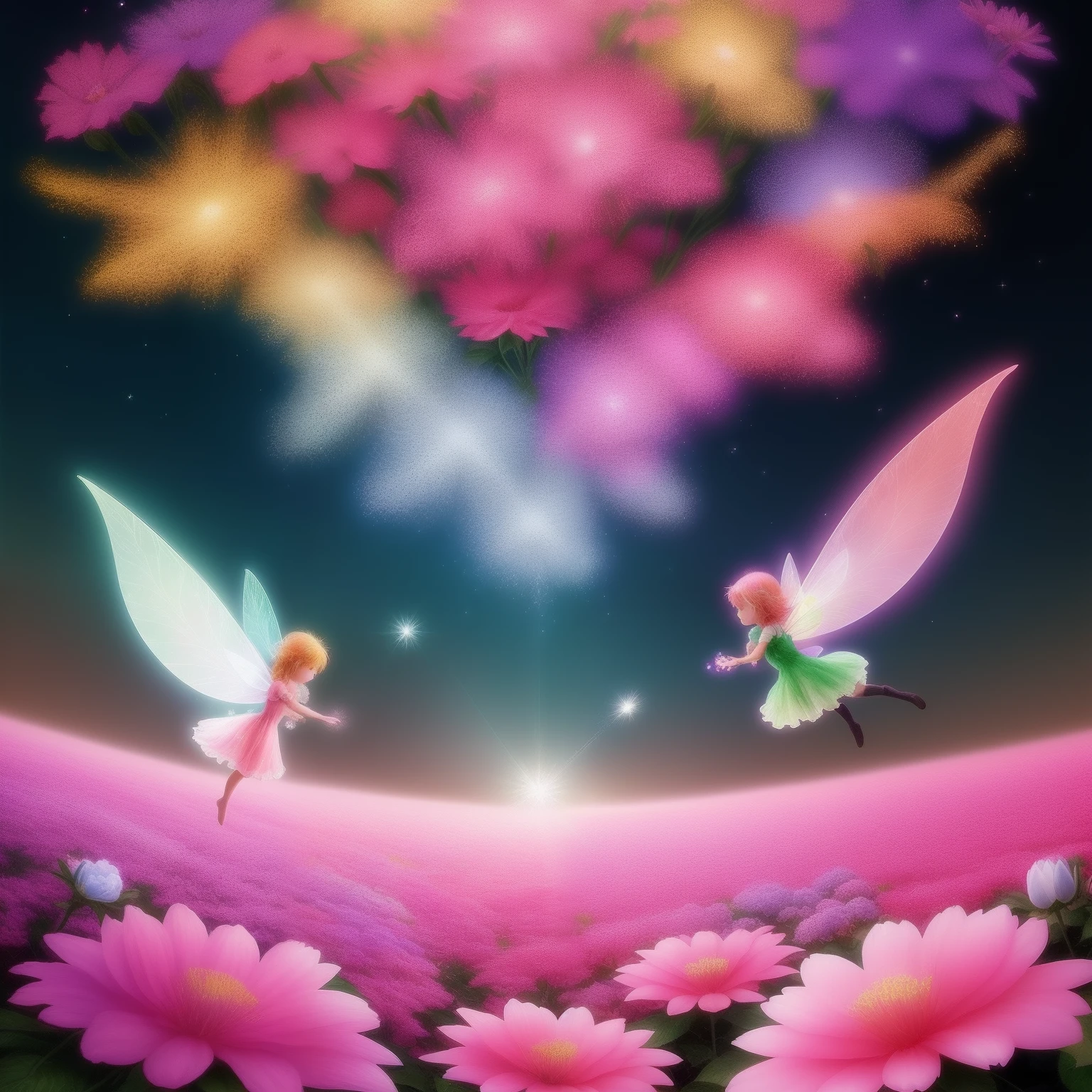 Colorful fairy scenery, with tiny angels flying, huge flowers full of sparkling light.