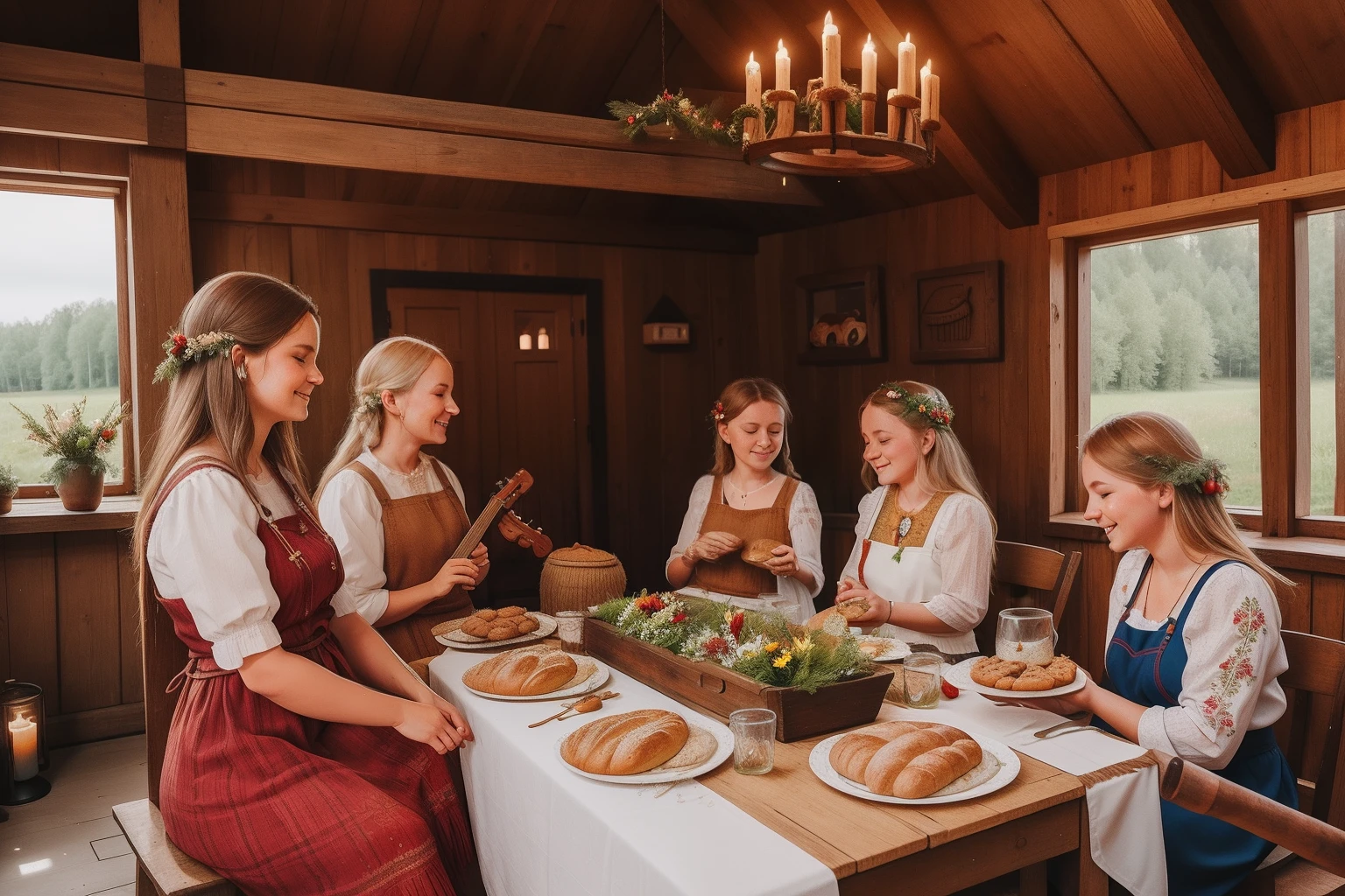 Year: 2020
Country: Lithuania
Description: In a traditional Lithuanian farmhouse, a group of friends gathers for a festive midsummer celebration. The rustic wooden architecture is adorned with colorful flower garlands, and the scent of freshly baked bread mingles with the sound of folk music played on traditional instruments.