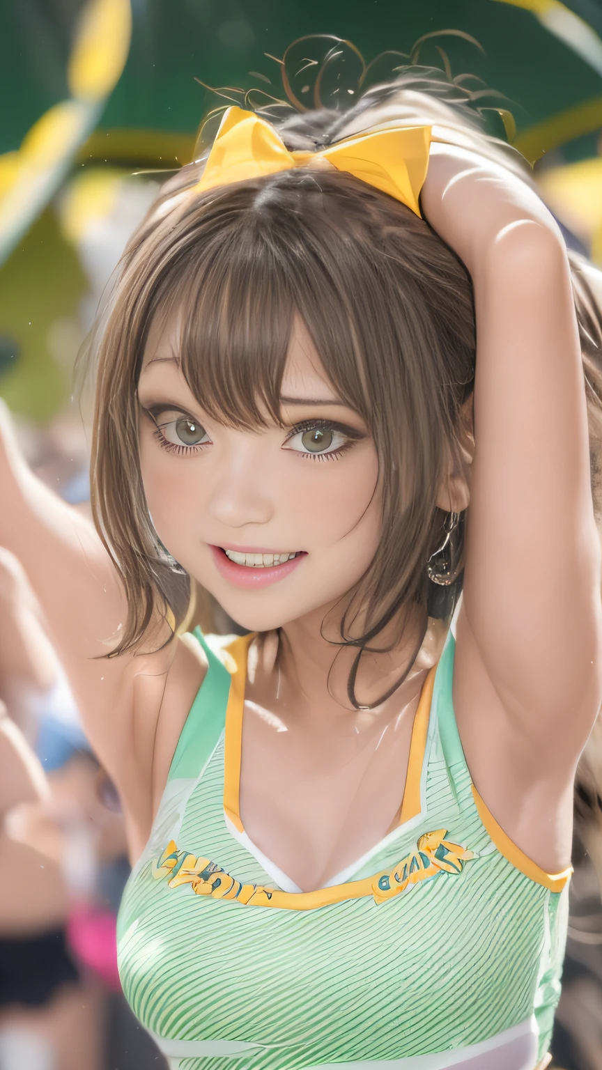 (starryskybackground)、masutepiece, Best Quality, 8K、(long green hair)、((Strapless bikini))、(Yellow-based tiger print bikini), Tiger print boots、yellow triangular scrunchie、小柄、Slimed、flat body、(small tits:1.5)、Realistic Professional Lighting、swollen face