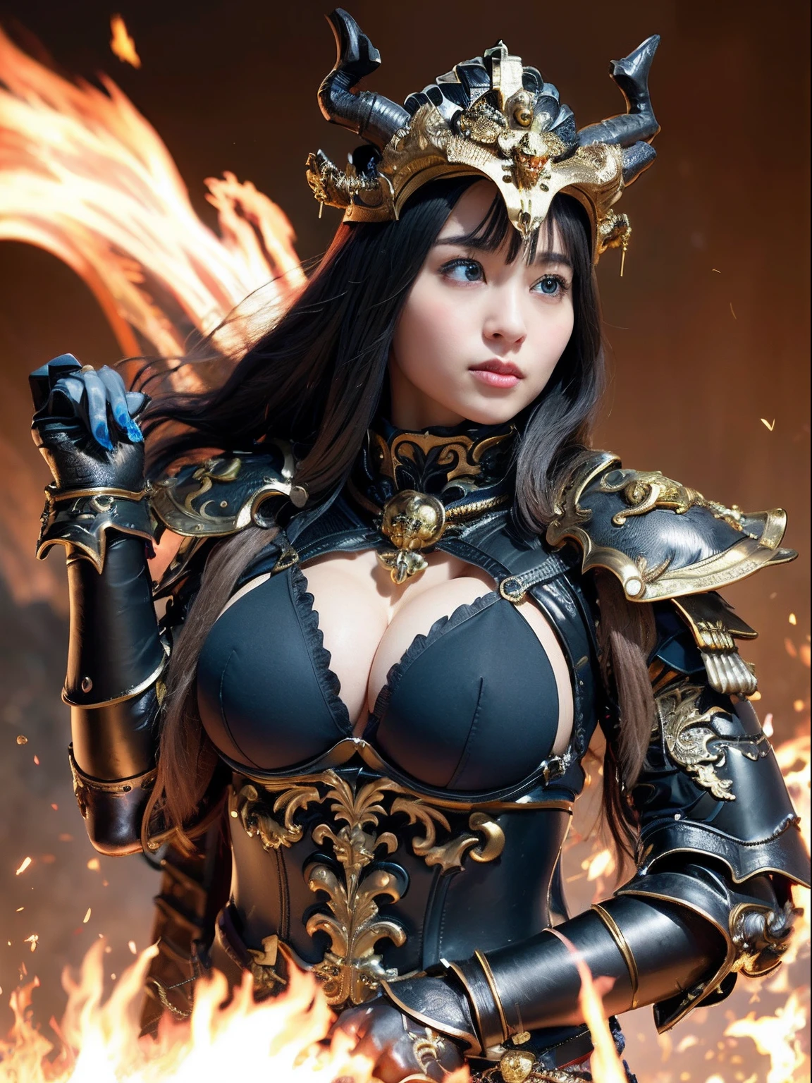 Professional , masterpiece、top-quality、photos realistic , depth of fields 、(Dragon Black Metal Body:1.9),(Matte Blue Black、(cleavage of the breast)、Dragon Gold Weapon、(Micro Bikini Armor:1.4),Gorgeous gold weapons ,(( Dragon's dense and gorgeous sword)) , (demonic wings) ,Detail and gorgeous crown、((a blond))、(Castle background)、((Gangle's forest background))、Beautiful Caucasian beauty、1a person、dynamic ungle,(((Detailed and ornate dragon helmet)))、Smaller head、A smile、Castle background、Thin and beautiful female hands、cleavage of the breast、Soldier in iron armor on background、Mystical expression、Light Effects、intense fighting、Wind-effect、magic circles、With the legendary magic wand、Dragon's tail、explosions、