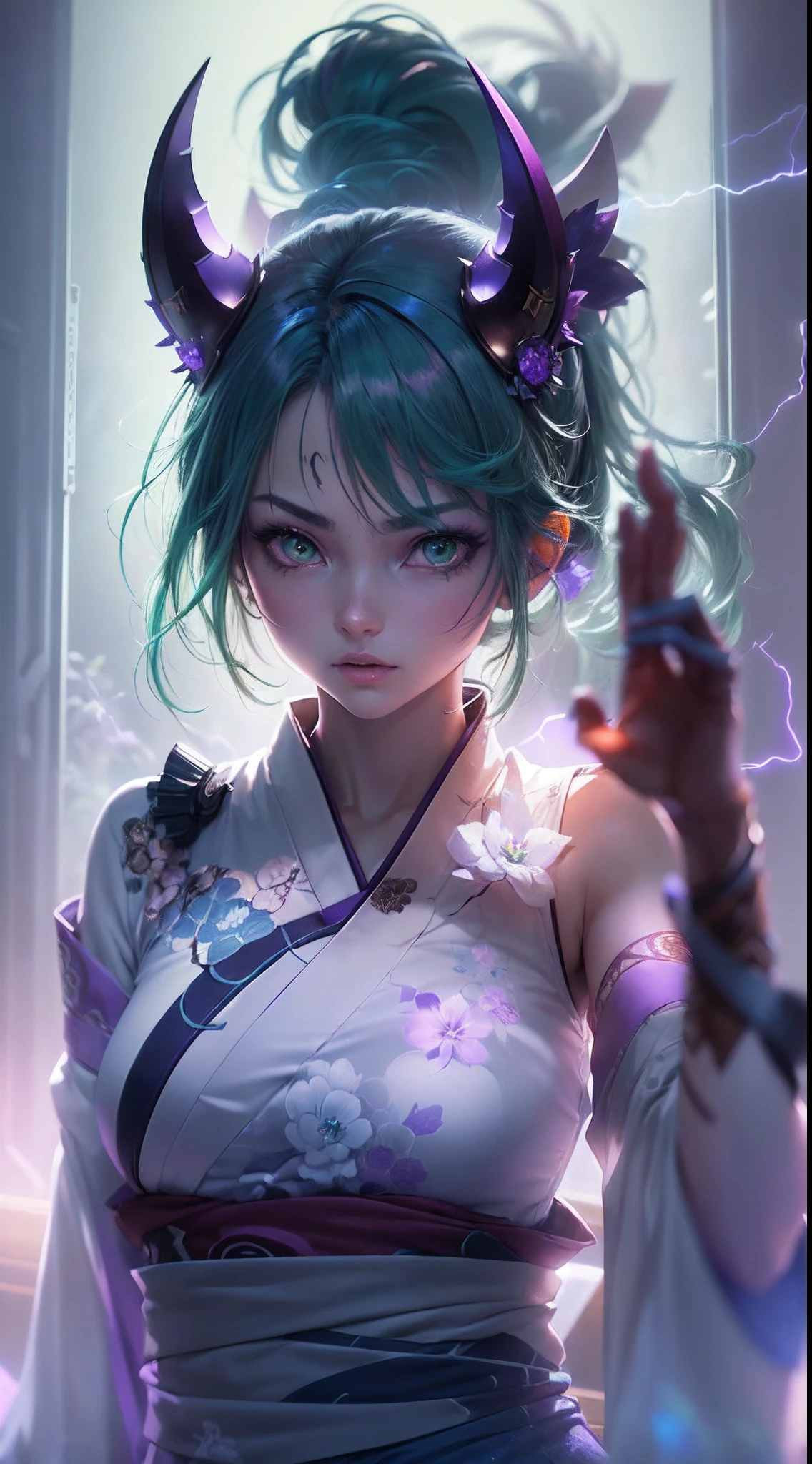 (a beautiful assassin girl), (kneel down with one knee),((perfect body shape)), (wearing a japanese mask of hannya), short ponytail, (green hair),(gradient eye colors), ((bright and clear eye)), purple and green eyes, (nocturnal clothes without sleeves), black short nocturnal skirt, Japanese shrine in the fog, ((rapid lighting attribute), ((purple and dark blue lighting)), (anime style), (((cinematic lighting))), ((ray tracing)), ((reflection light)), (((first-person view))), atmospheric perspective, masterpiece, accurate, ((best quality)), high quality, super detail, high details, anatomically correct, highRes, UHD