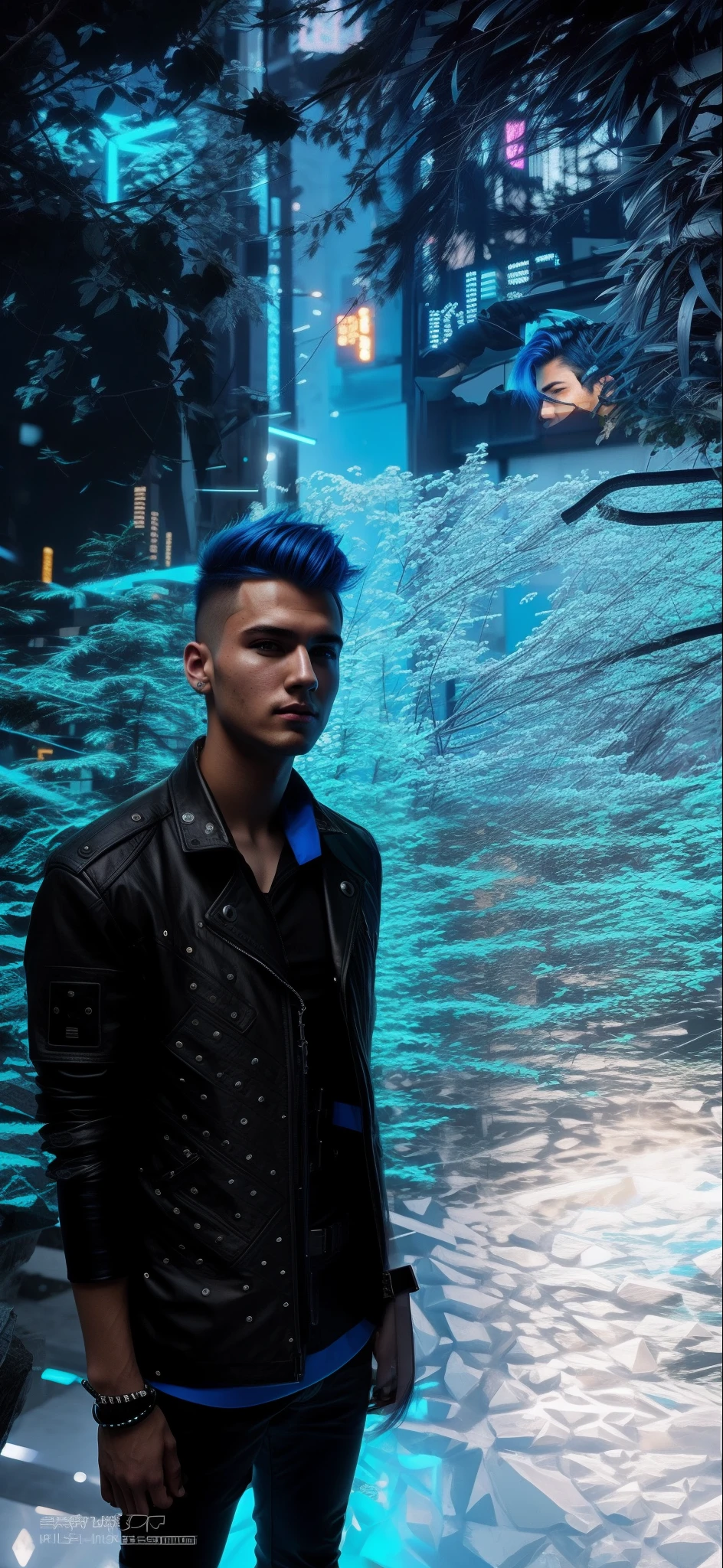 Cyberpunk hair style, blue background, handsome boy , man, 8k ulta hd , realistic face