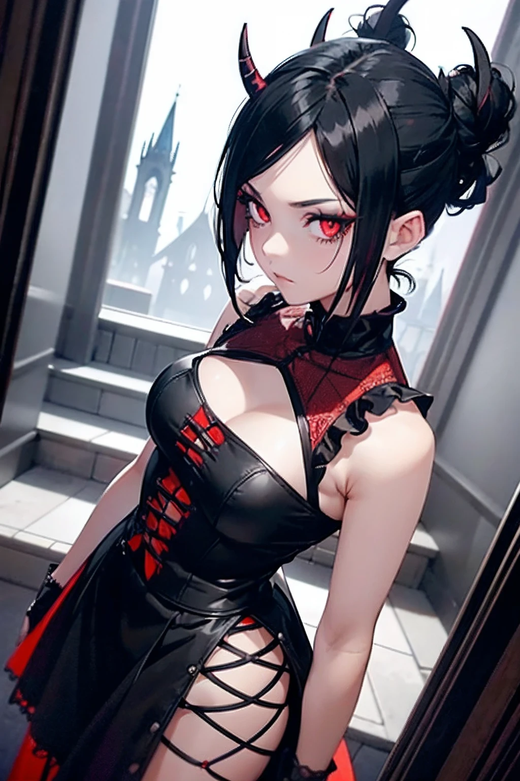 1 girl, demon girl, solo, black hair, short straight hair, bun updo, long horns, ultra detailed red and black eyes, slit pupils, gothic dress, sleeveless gothic dress, light gothic dress, skirtless gothic dress, ruined gothic cathedral in background, dim lighting, warm colours