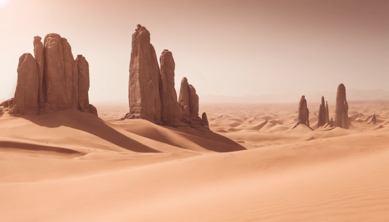 concept-art ((Vast desert)),oasis in the desert.Desert cactus ,sprawling，Empty，（Sand），（NOhumans），desolated，blurryforeground，depth of fields，k hd，Detailed details，Best picture quality，Light and shadow effects，Movie special effects， Digital artwork, illustrated, painting of a, Matte painting, Highly detailed，A mirage in the distance,（Puddles）