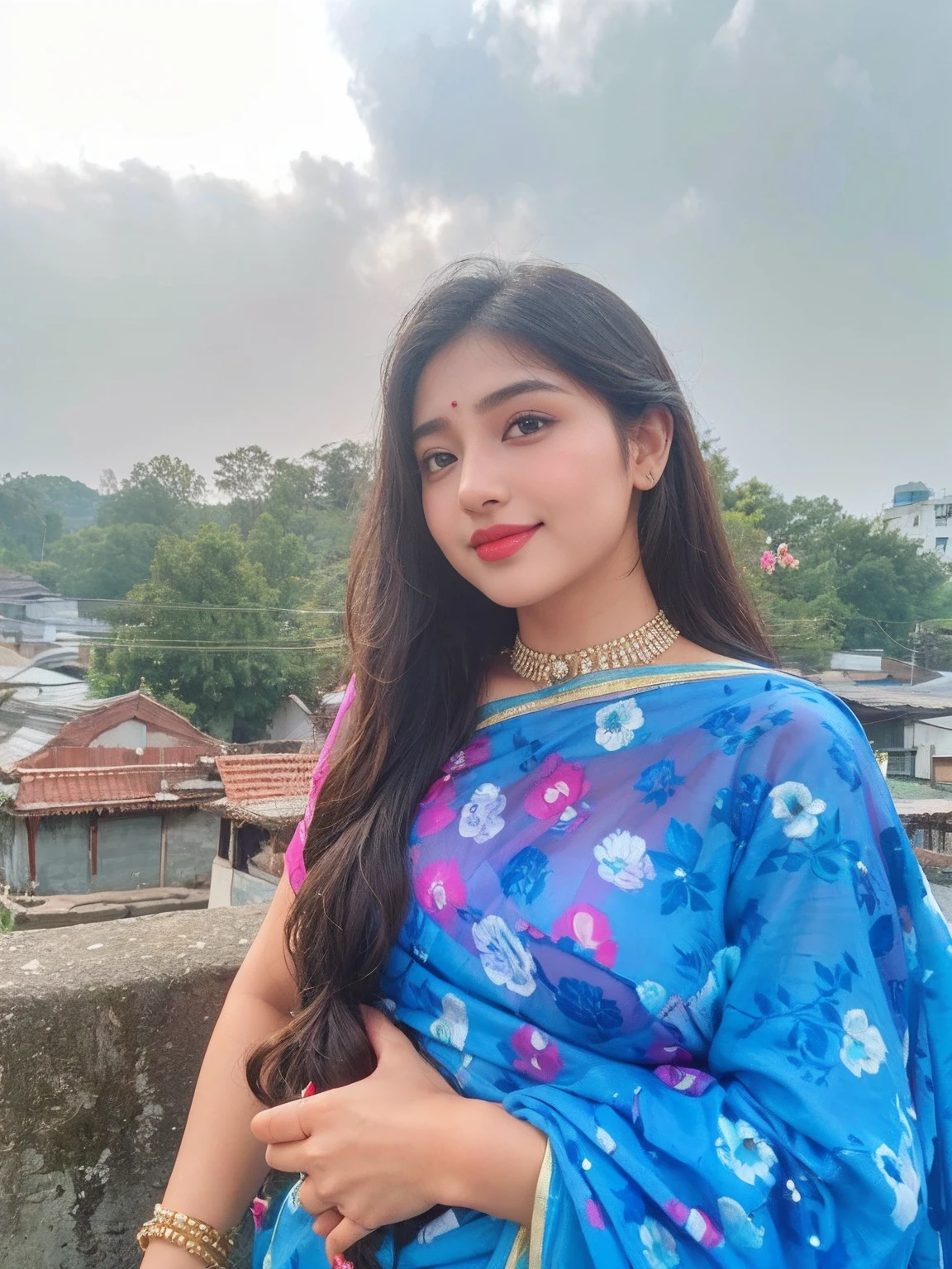 (((desi girl))), chubby face, natural skin, wearing red saree, charming black hair, ((hair ends are blonde)), (((shy looks))), greenary village background, bokeh, (round breast), (cute), (pink lips), (sexy smile), (pawz), (nsfw), (flower on wall), (flower pot with red and rose flower), (decorated wall with natural flower), (healthy women), (black hair), (long heair), indian actress