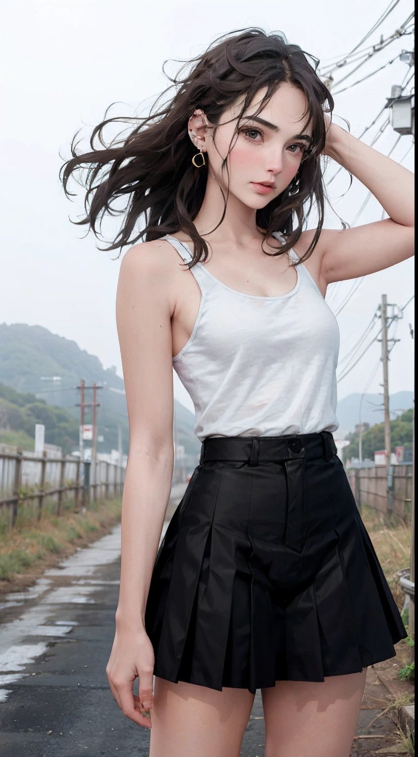 Beautiful young Margaret Qualley, 14 years old, white skin tone, eyeglasses, large drop earrings, breast cleavage, tank top, pleated skirt, dark tights, midday sun, hyperrealistic, model body, breasts small, beautiful breasts, long hair, wavy hair, Red ends of hair, long legs, 8k, 超High resolution, best quality, On Frozen Mountain, RAW portrait, photorealistic, cherry blossom, ambient lighting, detailed shadows , focus of the camera on thighs, cute pose, strong wind, light fog