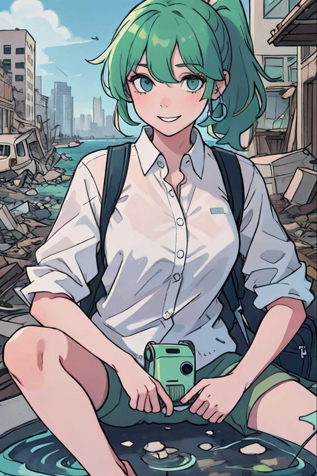 Ruins、Crumbling skyscrapers background、puddles、girl with、Green hair、Big Ponytail、white shirt、Skinny Good、backpack、A smile、blue-sky、Broken car、A lonely city、Sea level rise、