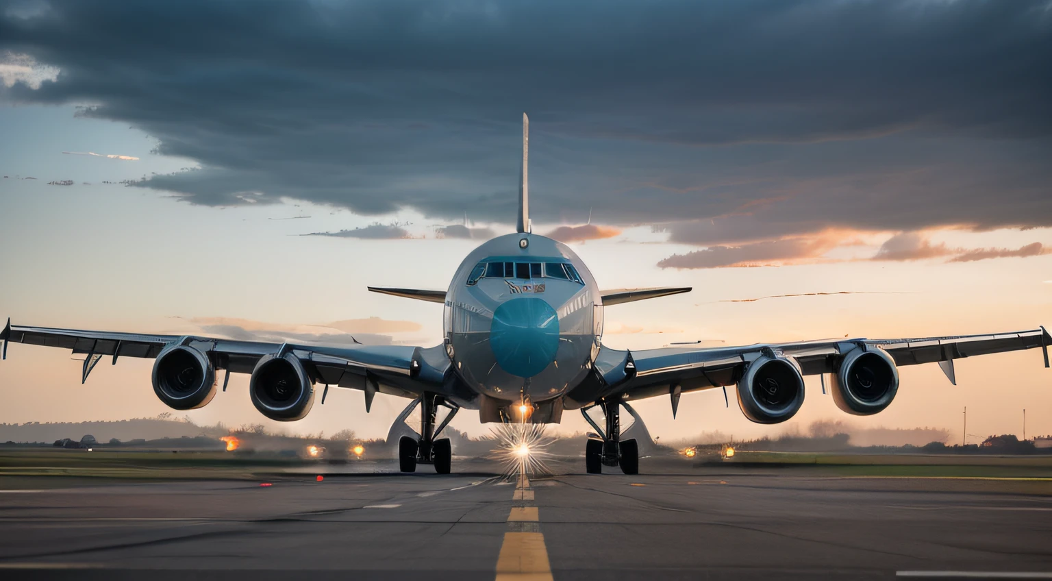 Cargo plane on a runway, engines roaring, ready to take off with a full load of goods, visible cargo crates or pallets on the tarmac or being loaded into the plane's belly, dynamic sky with either sunrise, sunset, or dramatic clouds to indicate the time-sensitive nature of cargo transport, telephoto lens to capture the plane and surrounding elements without distortion, fast shutter speed to freeze the moment of action, wide aperture to focus on the plane and create a shallow depth of field blurring the background, high-resolution to capture intricate details like plane markings or cargo labels, rule of thirds composition with the cargo plane at one intersection and other key elements like runway lights or control tower at another, color palette of industrial blues, grays, and metallics, encapsulating the complexity, urgency, and scale of global commerce