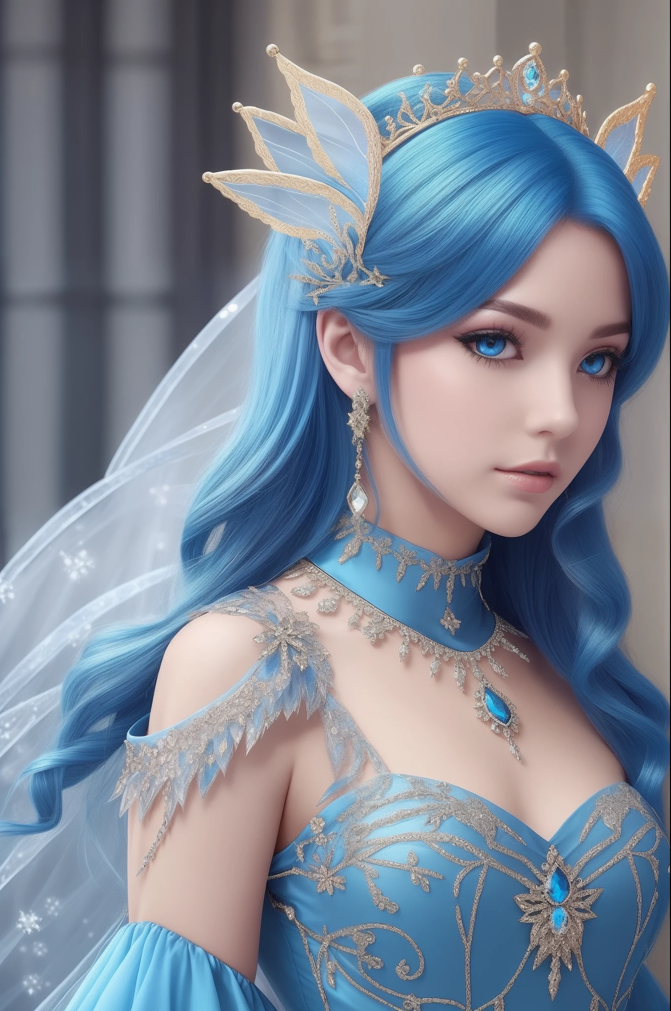 female, royal blue hair, royal blue dress, fairy queen, ice, dark --auto --s2