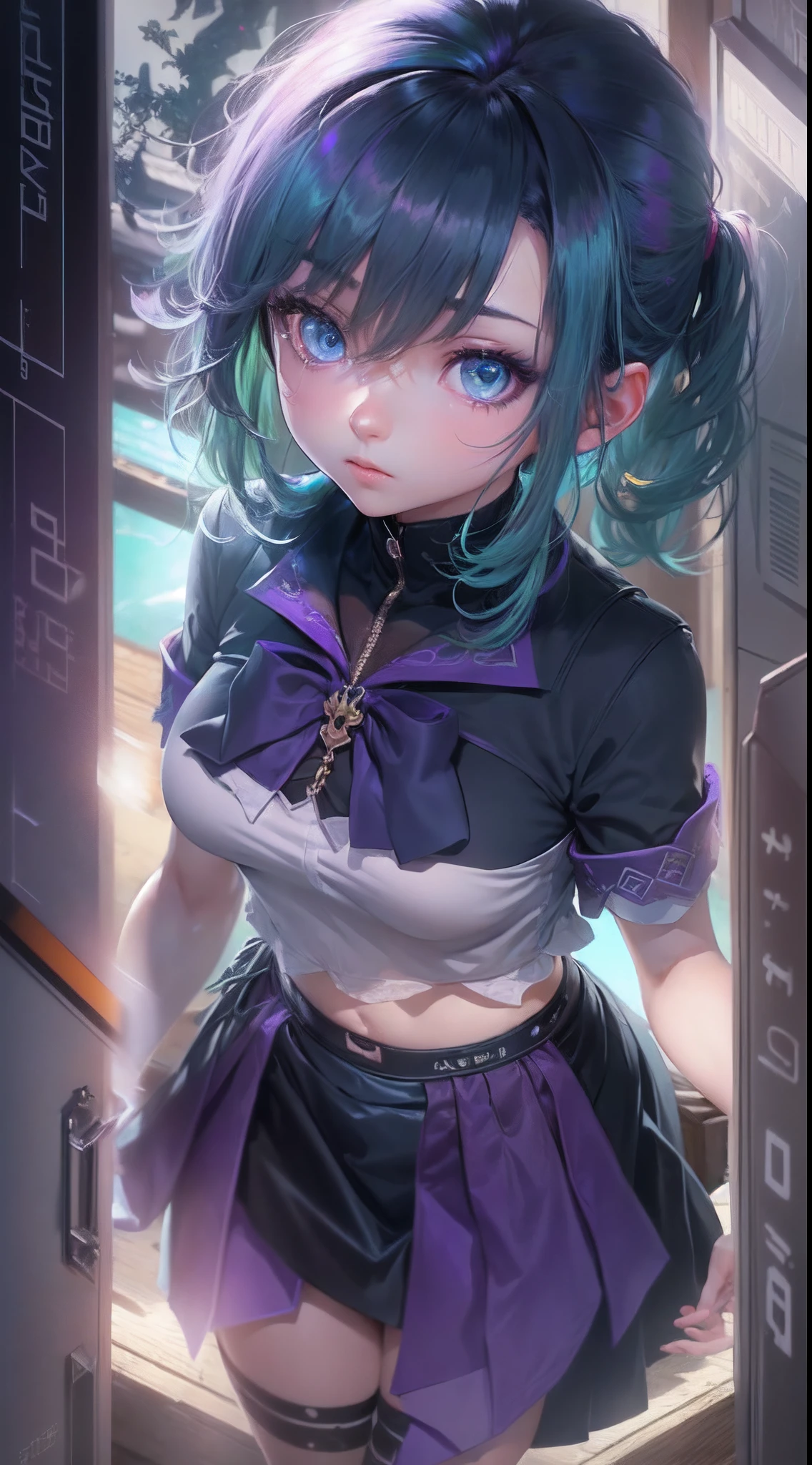 (a beautiful assassin girl), (kneel down with one knee),((perfect and thin)), short ponytail, (green hair),(gradient eye colors), ((bright and clear eye)), green eyes, (nocturnal clothes without sleeves), black short nocturnal skirt, (Japanese shrine), ((rapid lighting attribute), ((purple and dark blue lighting)), (anime style), (((cinematic lighting))), ((ray tracing)), ((reflection light)), (((first-person view))), atmospheric perspective, masterpiece, accurate, ((best quality)), high quality, super detail, high details, ((anatomically correct)), highRes, UHD