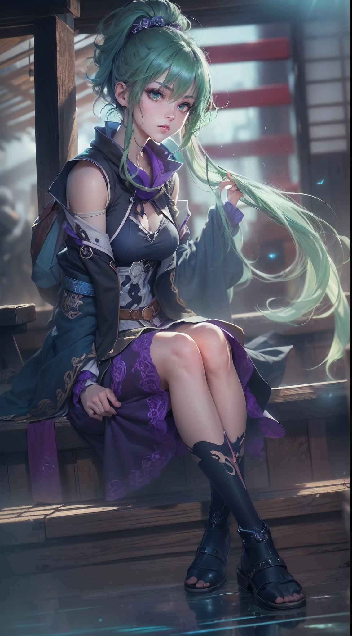 (a beautiful assassin girl), (kneel down with one knee),((perfect and thin)), short ponytail, (green hair),(gradient eye colors), ((bright and clear eye)), green eyes, (nocturnal clothes without sleeves), black short nocturnal skirt, (Japanese shrine), ((rapid lighting attribute), ((purple and dark blue lighting)), (anime style), (((cinematic lighting))), ((ray tracing)), ((reflection light)), (((first-person view))), atmospheric perspective, masterpiece, accurate, ((best quality)), high quality, super detail, high details, ((anatomically correct)), highRes, UHD