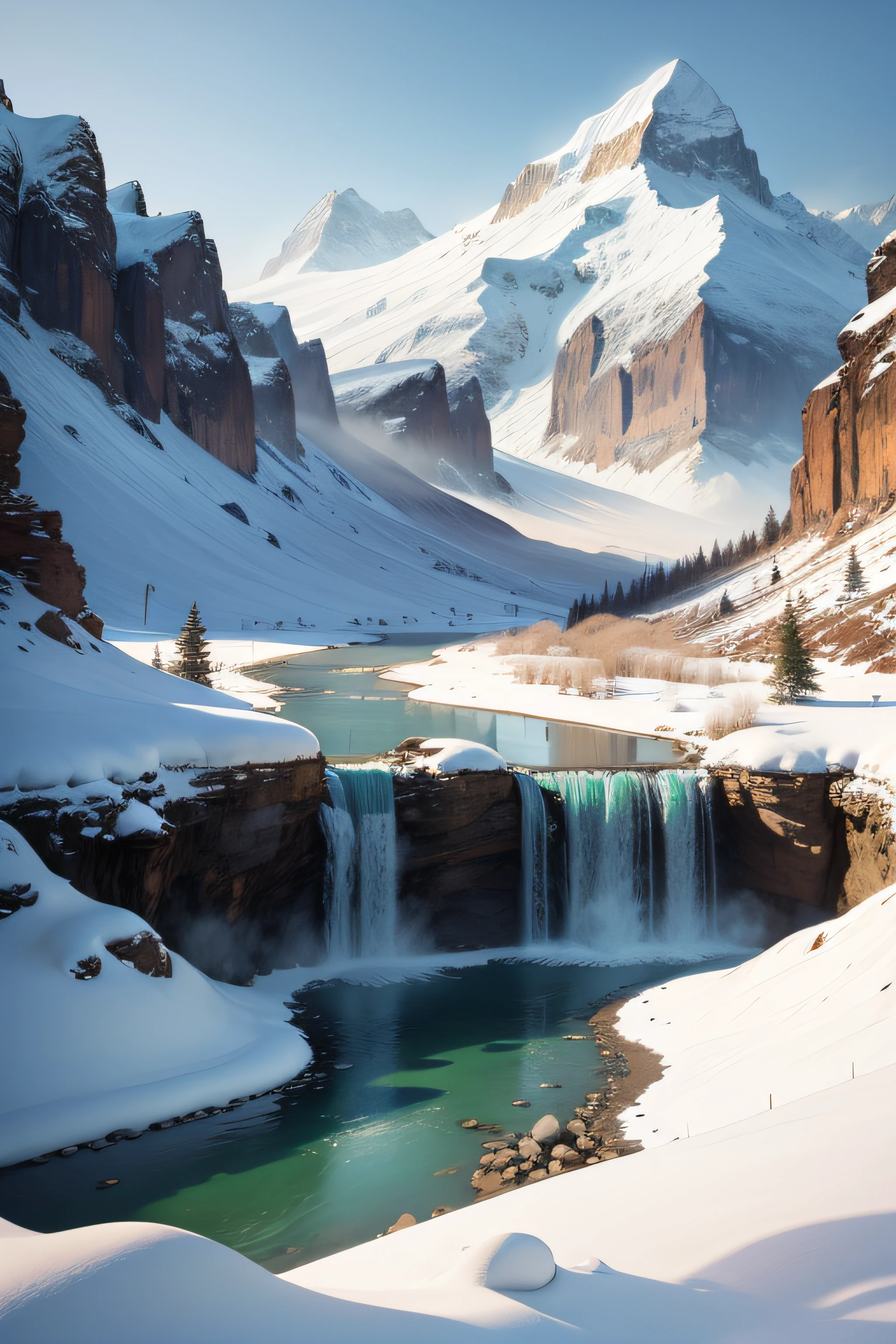 snow mountains,waterfallr,afar