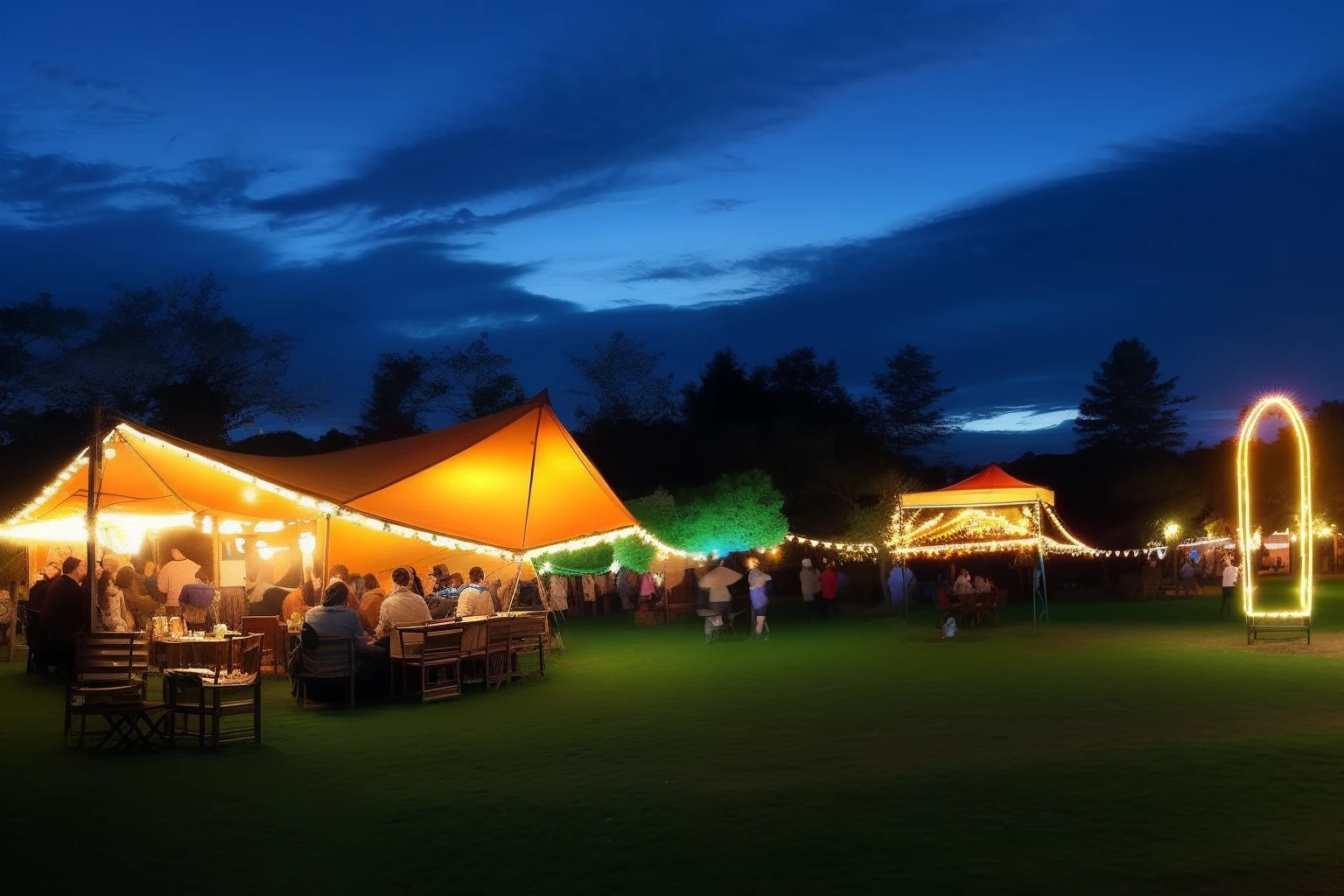 Set up a tent in the park,People sit at tables, Summer nights, festivity, summer setting, dusk setting, As night fell, during night, festivity. scenic view at night, Evening atmosphere, deep in the night, D. I. venue, brightly lit - style atmosphere, glamping, market setting, Evening atmosphere, serene evening atmosphere, tent architecture,lamplight,Clouds,Clouds,blue tint
