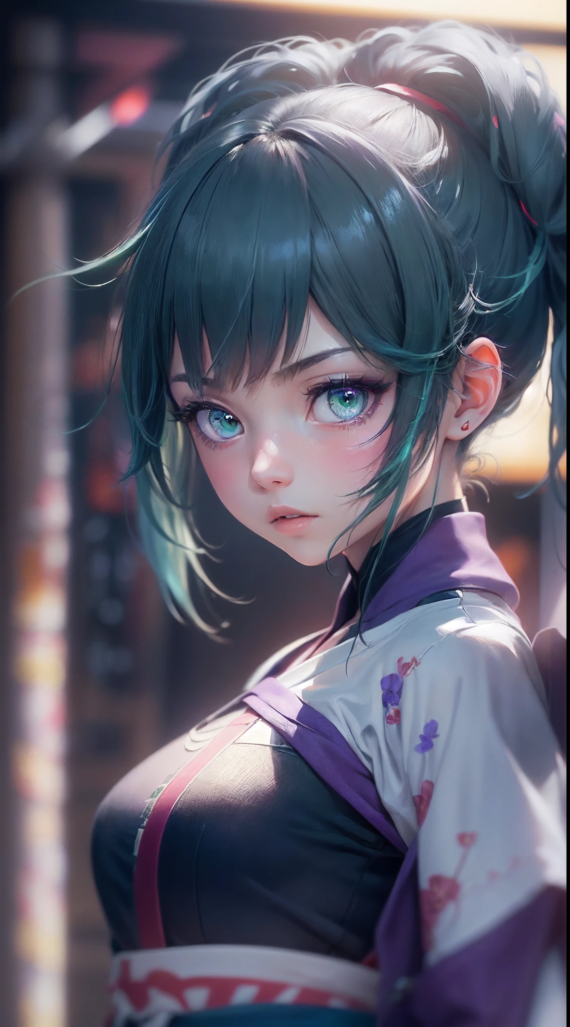 (a beautiful assassin girl), (kneel down with one knee),((perfect and thin)), short ponytail, (green hair),(gradient eye colors), ((bright and clear eye)), green eyes, (nocturnal clothes without sleeves), black short nocturnal skirt, (Japanese shrine), ((rapid lighting attribute), ((purple and dark blue lighting)), (anime style), (((cinematic lighting))), ((ray tracing)), ((reflection light)), (((first-person view))), atmospheric perspective, masterpiece, accurate, ((best quality)), high quality, super detail, high details, ((anatomically correct)), highRes, UHD