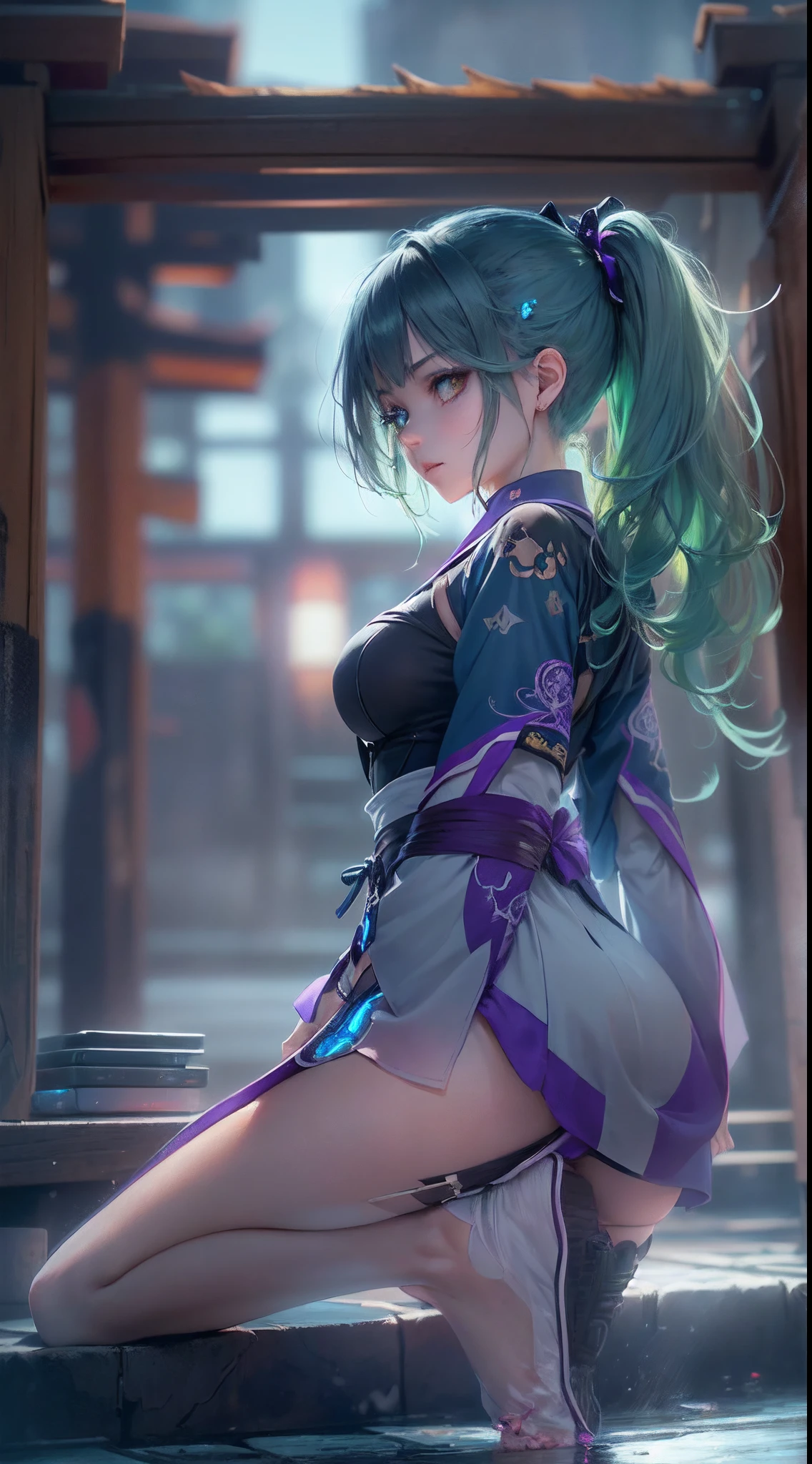 (a beautiful assassin girl), (kneel down with one knee),((perfect and thin)), short ponytail, (green hair),(gradient eye colors), ((bright and clear eye)), green eyes, (nocturnal clothes without sleeves), black short nocturnal skirt, (Japanese shrine), ((rapid lighting attribute), ((purple and dark blue lighting)), (anime style), (((cinematic lighting))), ((ray tracing)), ((reflection light)), (((first-person view))), atmospheric perspective, masterpiece, accurate, ((best quality)), high quality, super detail, high details, ((anatomically correct)), highRes, UHD