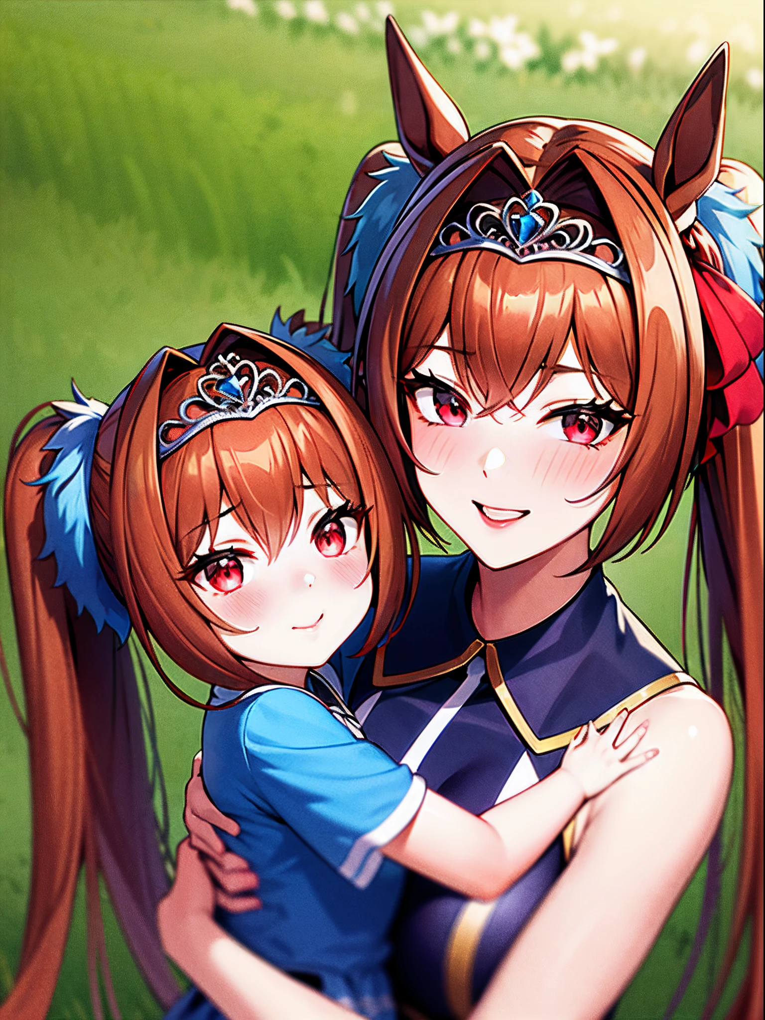 ​masterpiece,top-quality, Mother and child photo，{{{Daiwa Scarlet \Umamusume}}}，{{{Twin-tailed}}}，very long twintails，{{{Marl}}}，red brown hair，tiarra，{{{Tiara on the head}}}}，red blush，Red Eye，Look at viewers，{{Happy face}}，{{{Very big}}}，{{{Subjects with children}}}，grass field，Upper body only photos