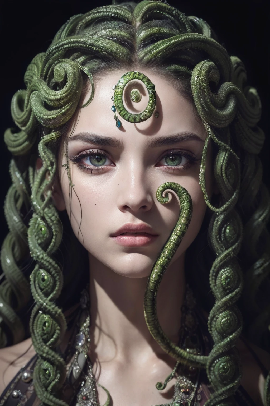 Absurd, ultra-detailed, high quality, detailed face, beautiful eyes, Medusa, the Gorgon, the Gorgon with serpent hair, possesses a complex mix of beauty and terror, mesmerizing gaze,