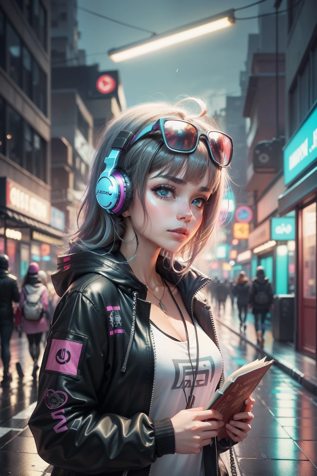 master part, menina sozinha, sozinho, Incrivelmente absurdo, Capuz, headphones on head, Rua, ao ar livre, chuva, neon light, estilo cyberpunk