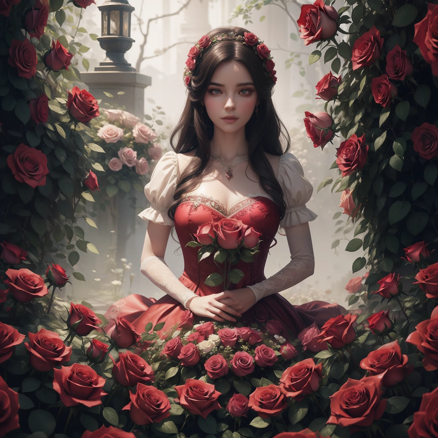 Heart of roses lady, wonderland style, fantasy, beautiful, perfect composition, beautiful detailed, octane render, highly detailed, heart of roses