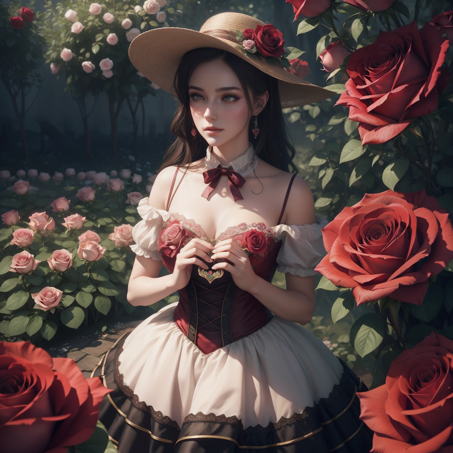 Heart of roses lady, wonderland style, fantasy, beautiful, perfect composition, beautiful detailed, octane render, highly detailed, heart of roses