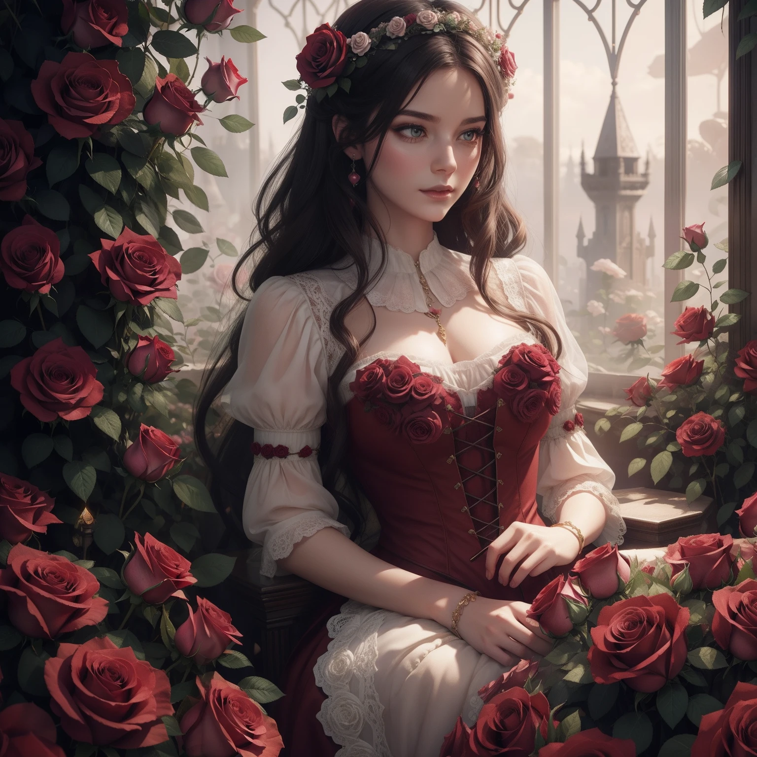 Heart of roses lady, wonderland style, fantasy, beautiful, perfect composition, beautiful detailed, octane render, highly detailed, heart of roses