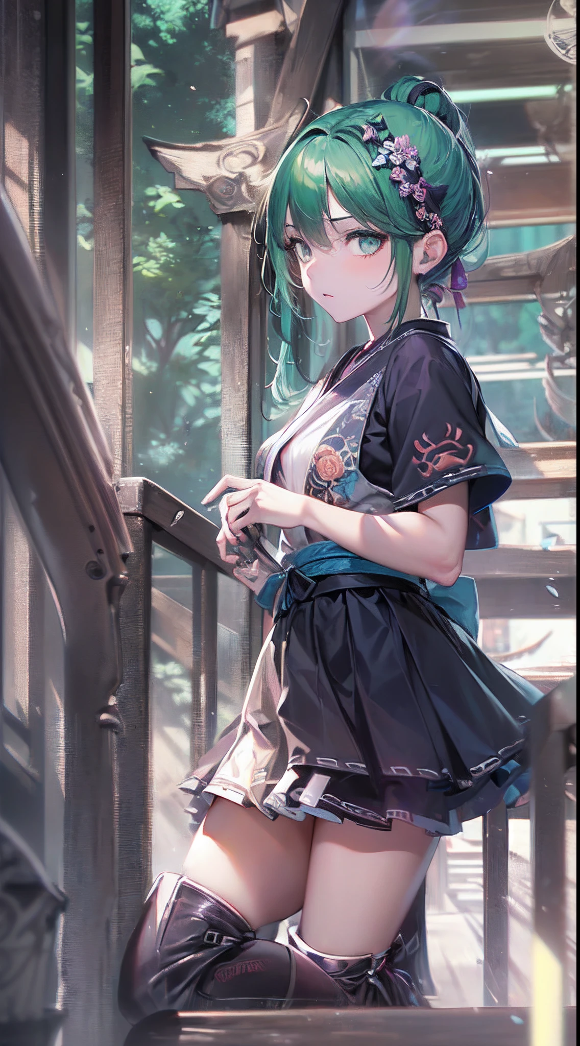 (a beautiful assassin girl), (sit on the stairs),((perfect and thin)), short ponytail, (green hair),(gradient eye colors), ((bright and clear eye)), green eyes, (nocturnal clothes without sleeves), black short nocturnal skirt, (Japanese shrine), ((rapid lighting attribute), ((purple and dark blue lighting)), (anime style), (((cinematic lighting))), ((ray tracing)), ((reflection light)), (((first-person view))), atmospheric perspective, masterpiece, accurate, ((best quality)), high quality, super detail, high details, ((anatomically correct)), highRes, UHD