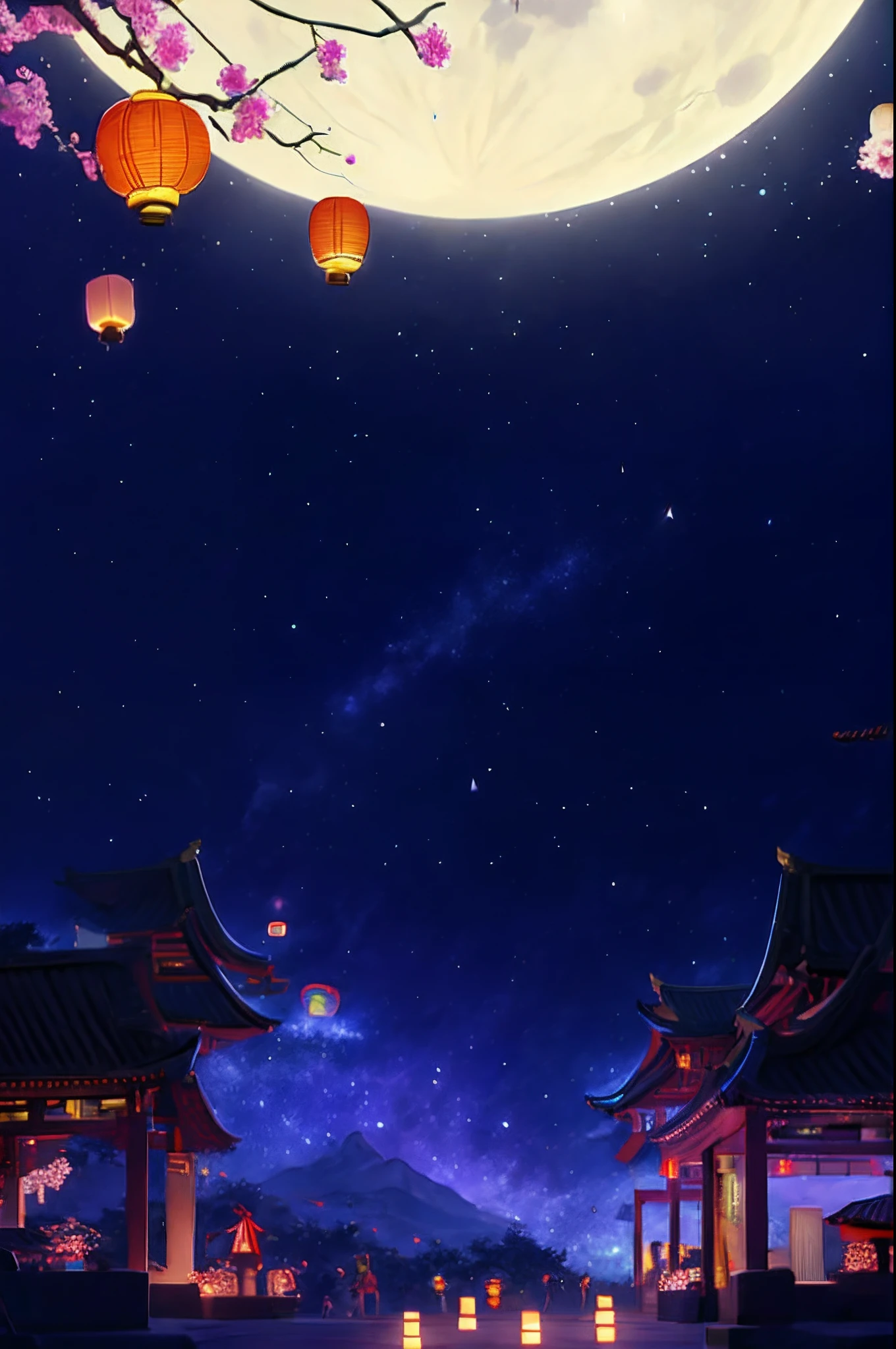 nigh sky，starrysky，the night，themoon，moon full，peach blossom，​​clouds，Kongming Lantern，lanterns， delicated，Sequins，glittery， Generate more detail，Light of Arizawa， modern day， style of anime，Two-dimensional， anime big breast， modern day， afofuturism， View of whole room， concept-art， hyper HD， tmasterpiece， ccurate， super detailing， high detal， high qulity， best qualtiy， A high resolution，