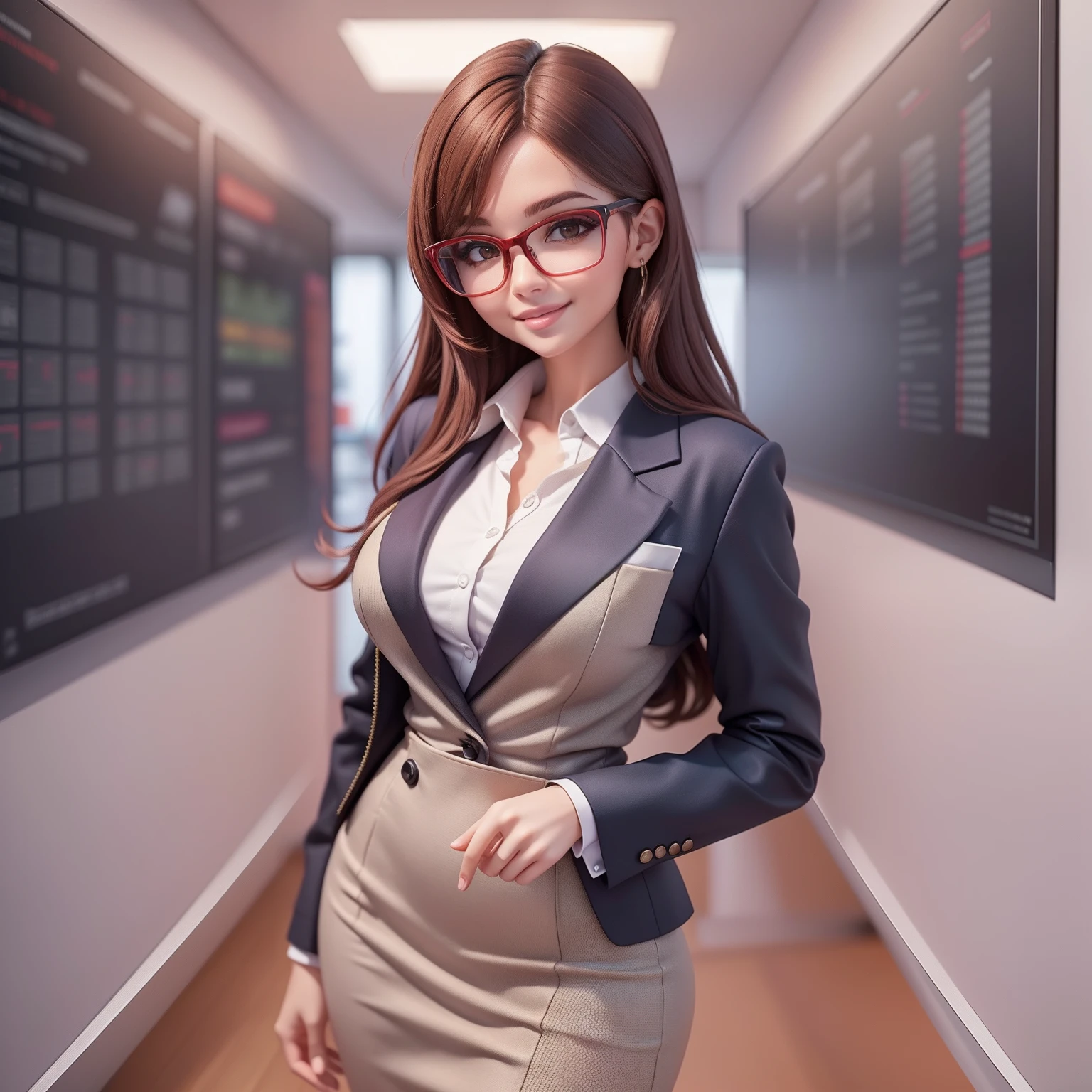 beautiful young woman, Exuding confidence and intelligence in a sleek, modern office space next to an intricate financial chart on the wall, You can feel, How Her Analytical Mind Works, Straight to the camera, smiles slightly;, full - body, Top Measurement Models, Office dress code, with glasses on, cute face, Still very professional, Alejandro Burdisio