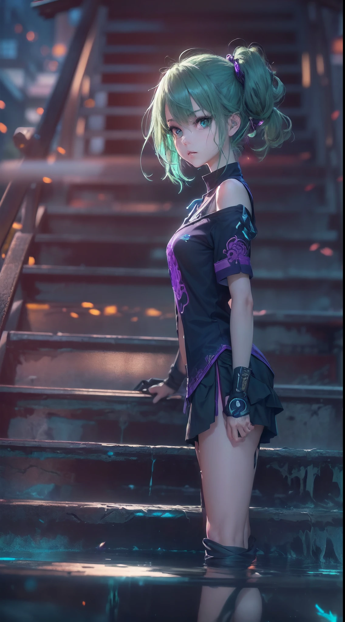 (a beautiful assassin girl), (sit on the stairs),((perfect and thin)), short ponytail, (green hair),(gradient eye colors), ((bright and clear eye)), green eyes, (nocturnal clothes without sleeves), black short nocturnal skirt, (Japanese shrine), ((rapid lighting attribute), ((purple and dark blue lighting)), (anime style), (((cinematic lighting))), ((ray tracing)), ((reflection light)), (((first-person view))), atmospheric perspective, masterpiece, accurate, ((best quality)), high quality, super detail, high details, ((anatomically correct)), highRes, UHD