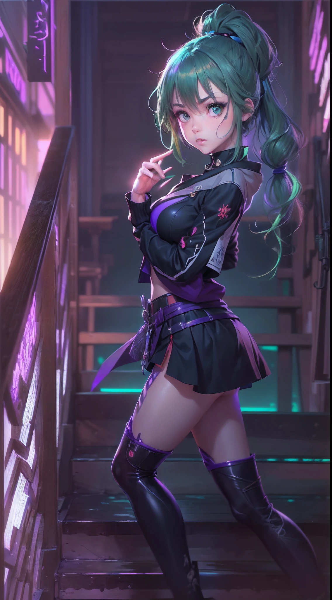 (a beautiful assassin girl), (walk on the stairs),((perfect and thin)), short ponytail, (green hair),(gradient eye colors), ((bright and clear eye)), green eyes, (nocturnal clothes without sleeves), black short nocturnal skirt, (Japanese shrine), ((rapid lighting attribute), ((purple and dark blue lighting)), (anime style), (((cinematic lighting))), ((ray tracing)), ((reflection light)), (((first-person view))), atmospheric perspective, masterpiece, accurate, ((best quality)), high quality, super detail, high details, ((anatomically correct)), highRes, UHD