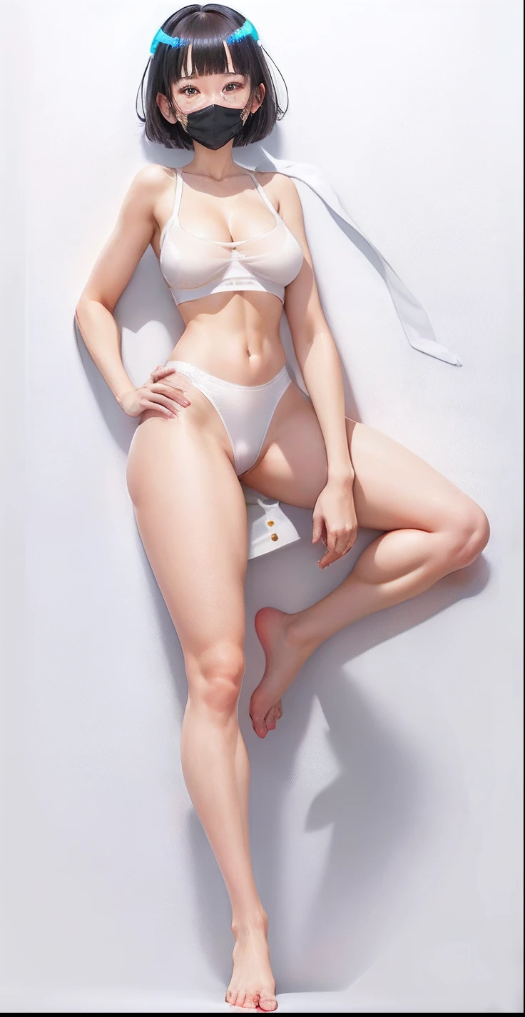 1girl、bra、panties、white_bra、white_panties、solo、black_hair、barefoot、navel、full_body、underwear、breasts、big_breasts、large_breasts、hand_on_hip、rating:safe、mask、short_hair、bob_cut、red_eyes、bangs、collarbone、looking_at_viewer、standing_on_one_leg、gagged、white_background、bare_shoulders、cleavage、standing、underwear_only、gag、rating:questionable、close_mouth、simple_background、muscle、