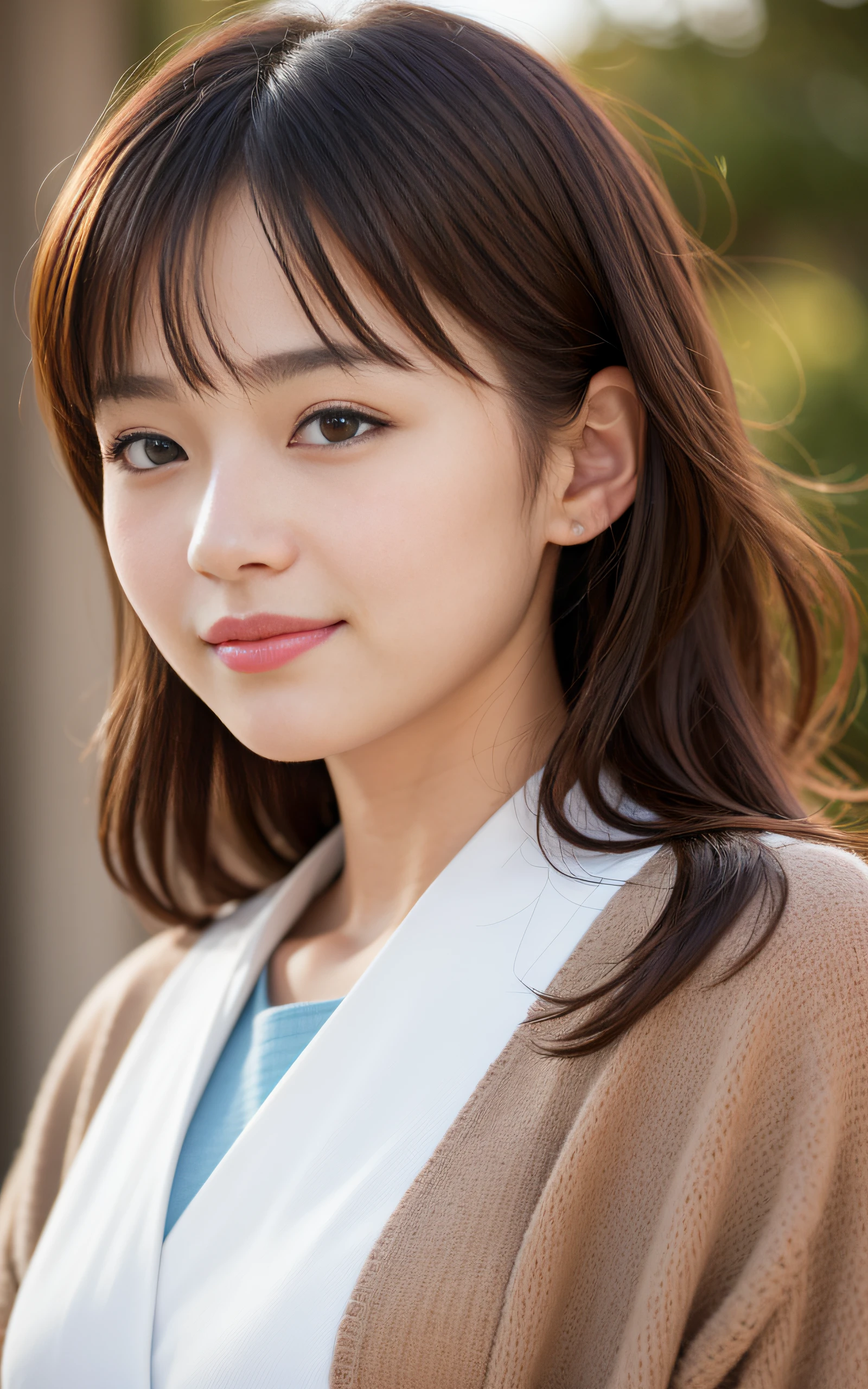 ((Best Quality, 8K, masutepiece: 1.3)), (Sharp Focus: 1.2), 1 girl, Face shot, close-up, Neat and clean beauty, 20 years old, Japanese, Looking away, Classy and elegant, Slightly open mouth, Cute, Shy, A pretty girl with perfect figure, ((Medium hair swaying in the wind)), shyly smile, Highly detailed face and skin texture, Detailed eyes, Book Librar