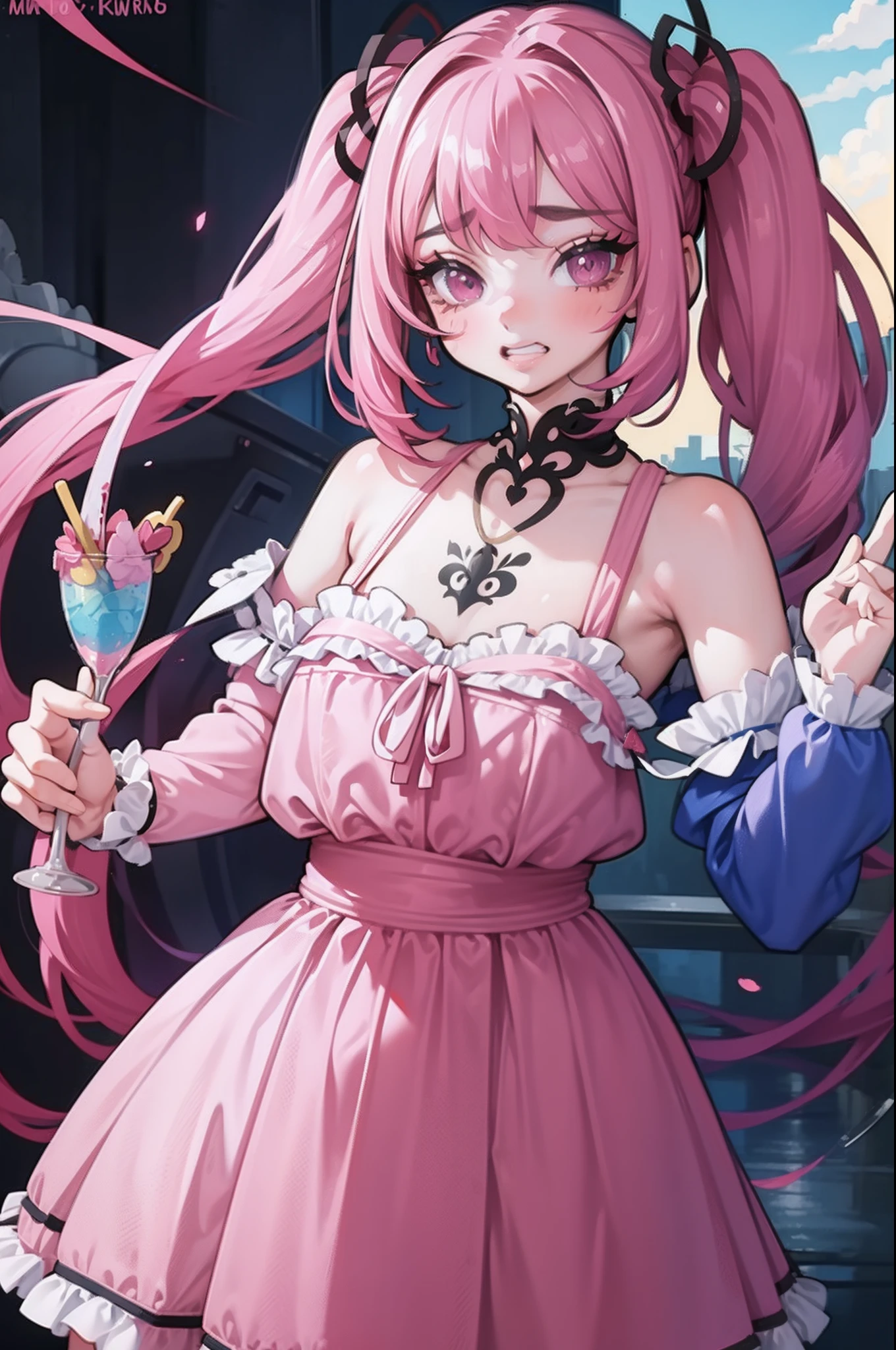 pink hair, twintail, girl, grin mouth, cute, ta dress, magenta eyes, masterpiece, best quality, extremely detailed eyes, tattoos, piercing, kawaii, depth of field