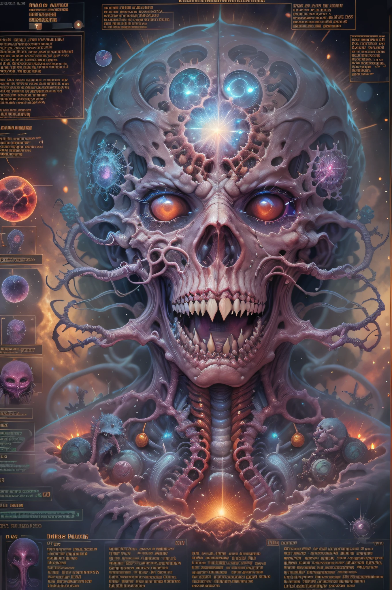 Fantasy00d Technical Diagram, Info graphic, Charts, of A Cosmic Anatomical Abomination Monster head, Info Graphic, Scientific, Data Diagram, Nervous System, Galaxy, Radioactive Colors, Midnight Aura, Ultra Detailed, H.R. Giger, Max Ernst, Thomas Kinkade, Robert Gonsalves, Dark Galaxy Background