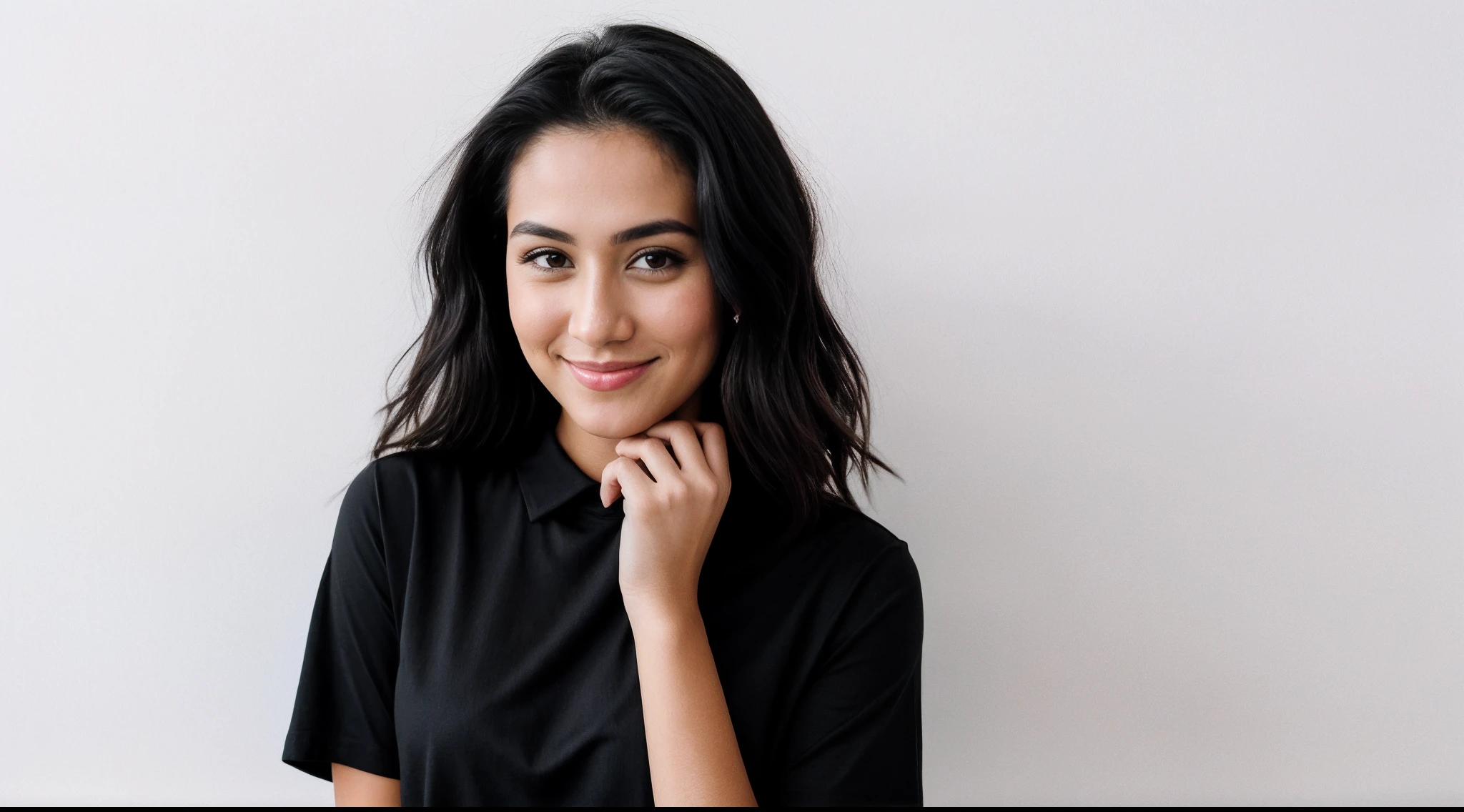 instagram photo, closeup face photo a woman in a black shirt and black pants posing for a picture on the white background